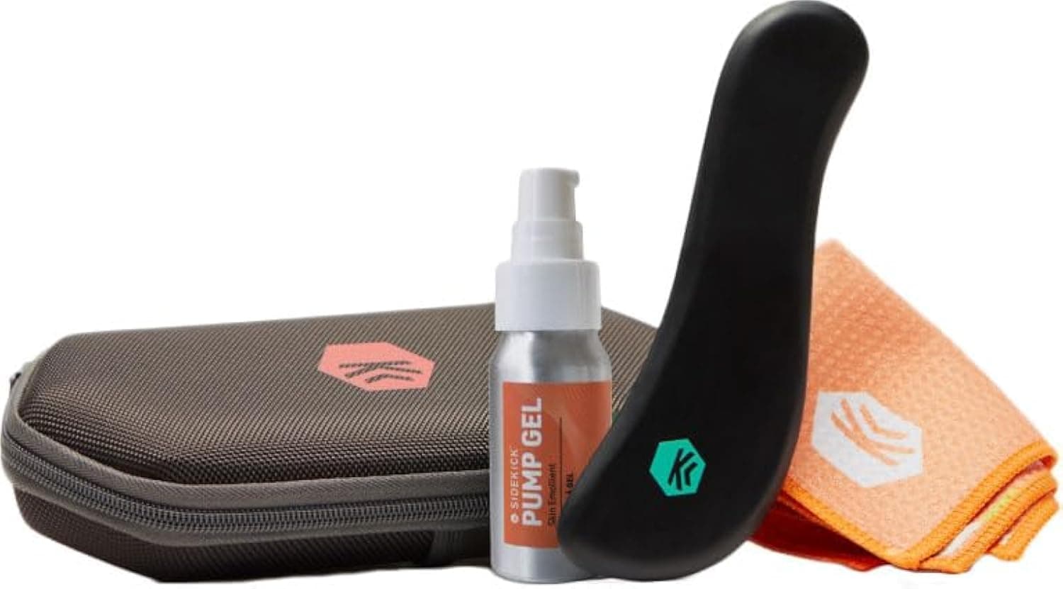 SIDEKICK Curve Muscle Scraper: 4-in-1 Gua Sha Scraping Massage Tool w/Emollient Pump Gel - Handmade Stone for Plantar Fascia Relief, IT Band Relief, Neck Relief and More