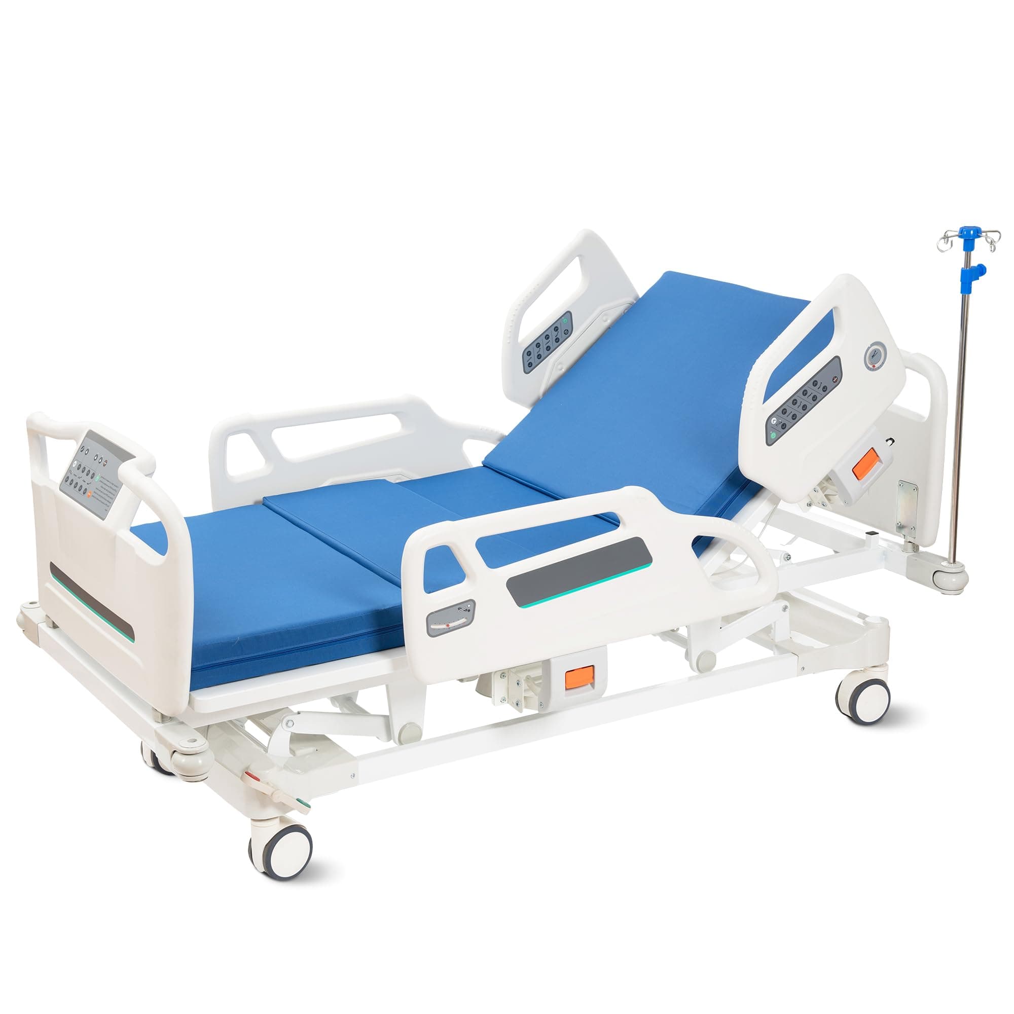 Hospital Bed Electric Multi Function, ICU Medical Bed with Cardiac Chair Position, Trendelenburg & Reverse Trendelenburg, 5-Inch Lockable Casters for Home Hospital Use, Mattress Inclusive