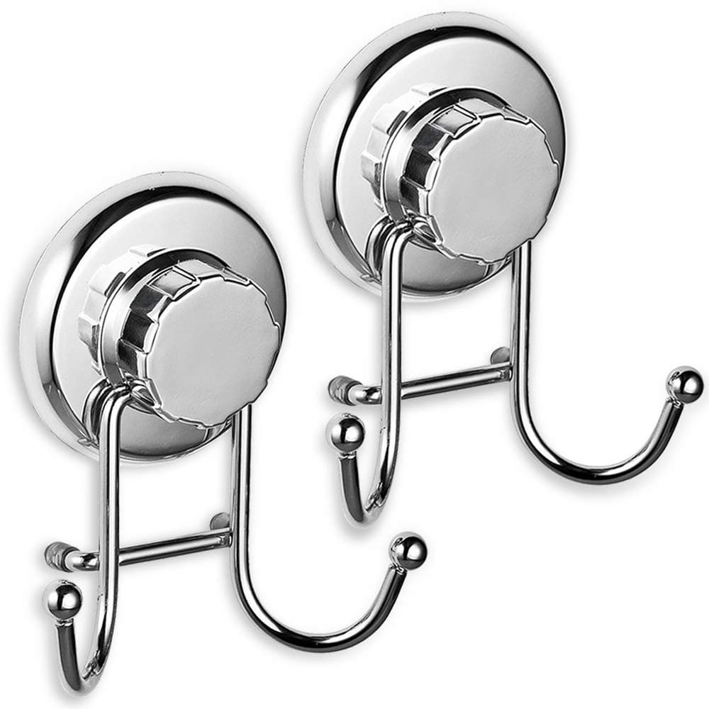 Powerful Vacuum Suction Cup Hook Holder - Organizer for Towel, Bathrobe and Loofah - Strong Stainless Steel Hooks for Bathroom & Kitchen, Towel Hanger Storage, Chrome (2 Pack)