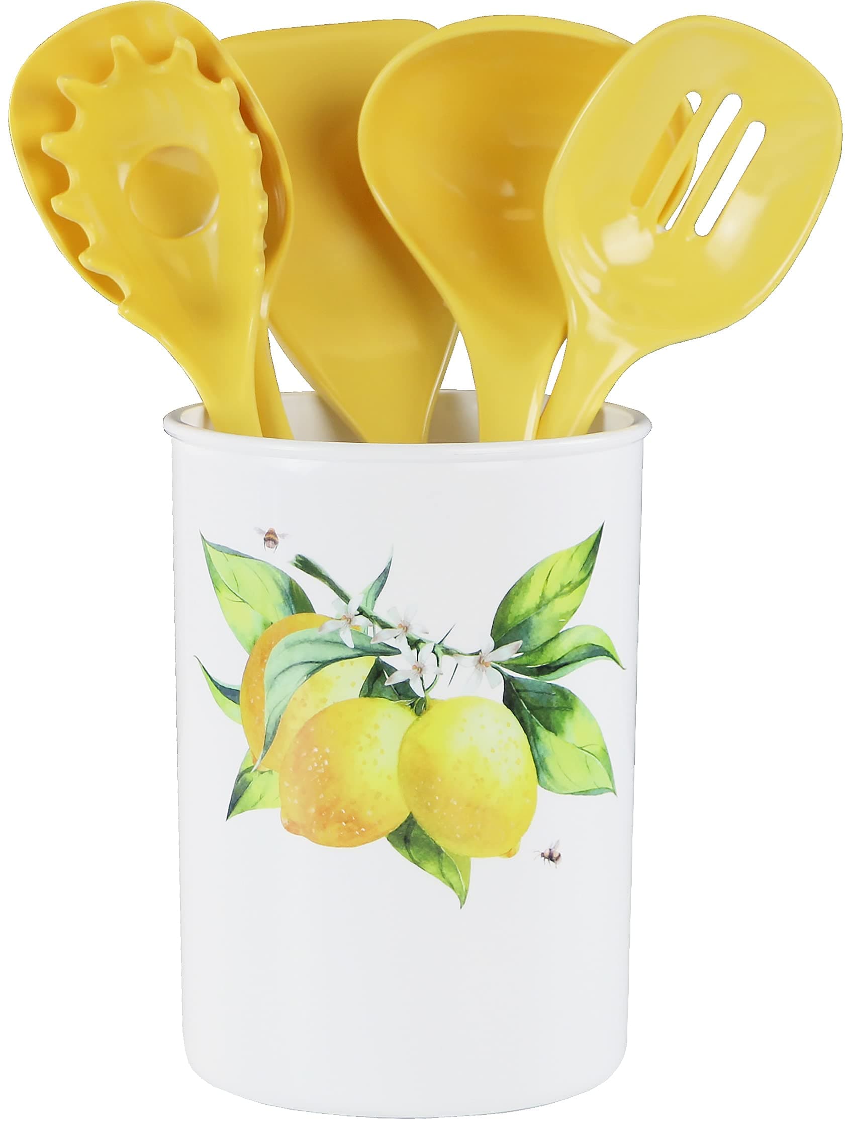 Reston Lloyd 6 Piece Kitchen Utensil Holder for kitchen counter, Utensils crock with Heat Resistant Spoon, Slotted Spoon, Ladle, Spatula BPA Free, Fresh Lemons