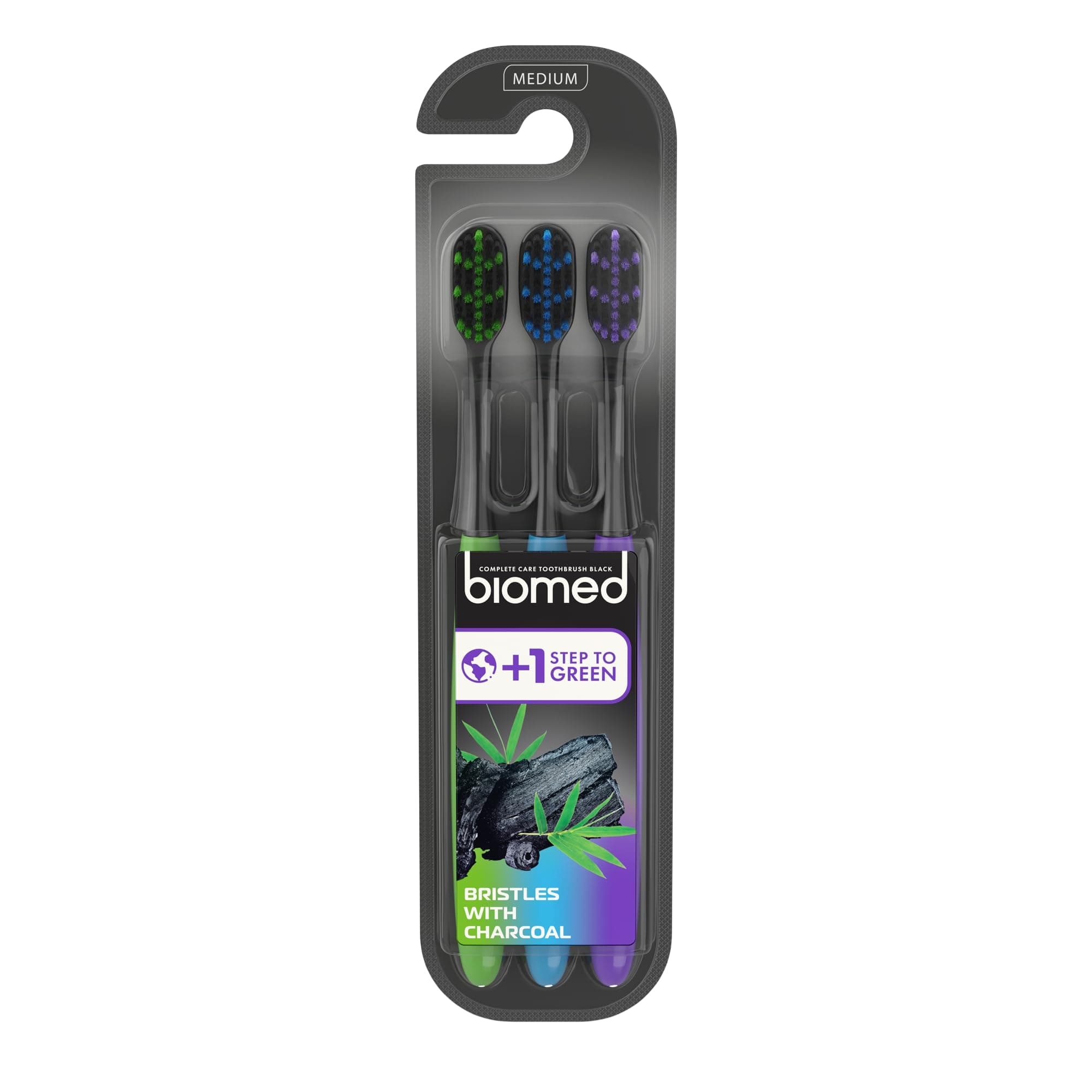 Biomed Black Charcoal Toothbrush | Medium Bristles with Rounded Tips, BPA Free | for Whitening, 3 Pack