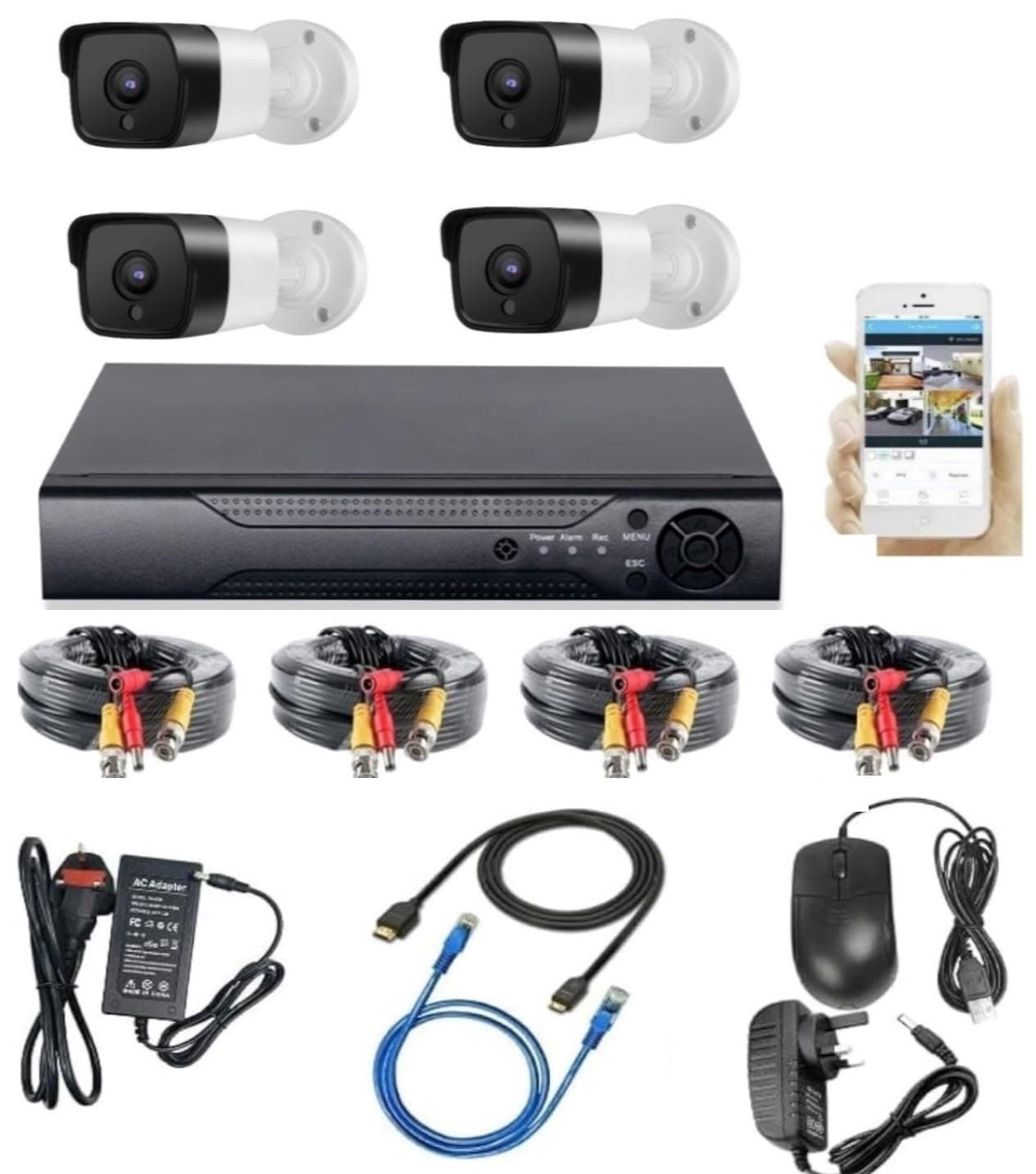 Napco Security Camera 1080p HD CCTV Surveillance System Kit(NP-6604S) for Home and Office/4CH DVR-4 Outdoor(Bullet) Cameras/15 meters cable x 4/Night Vision/Waterproof/Android and iOs App.