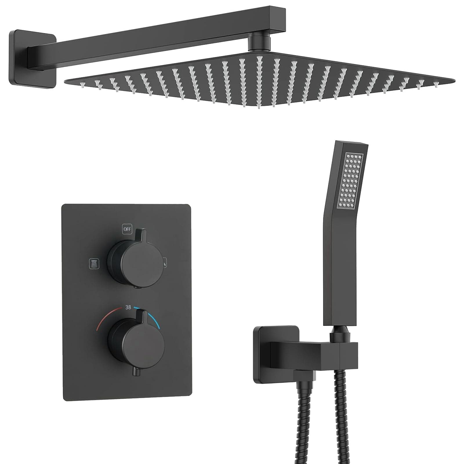Thermostatic Shower System - Premium 12-Inch Rainfall Shower Head & Handheld - Complete Bathroom Shower Set with Faucet Mixer Trim Kit & Valve, Matte Black Finish