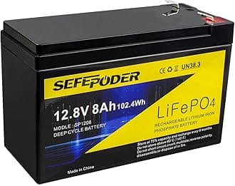 SEFEPODER 12V 8Ah LiFePO4 Lithium Deep Cycle Battery, 2000+ Cycles Rechargeable Battery for Solar/Wind Power, Lighting, Power Wheels, Fish Finder and More with Built-in 8A