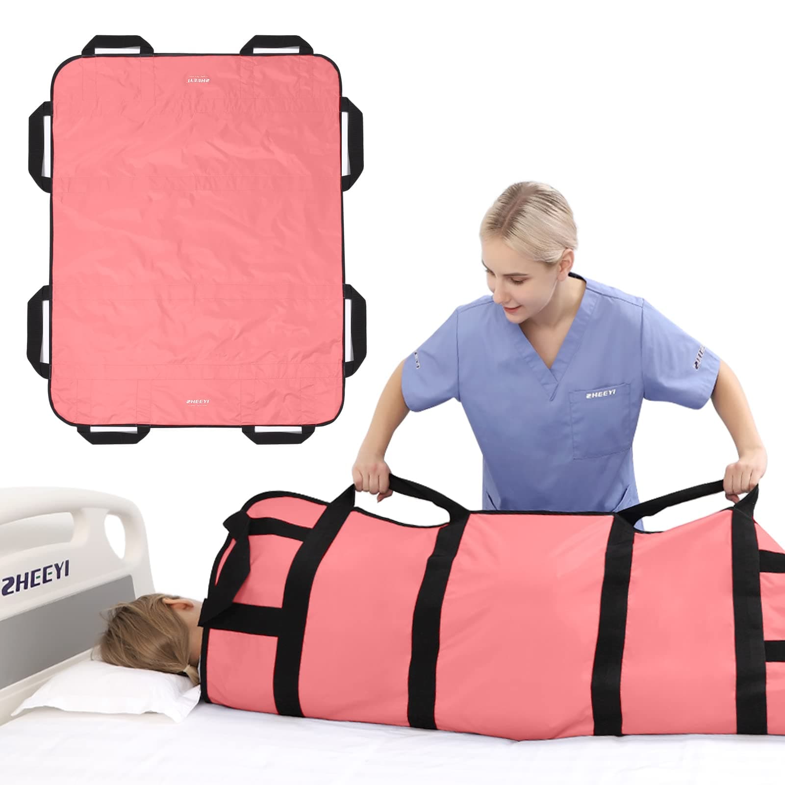 Multipurpose 48" x 40" Positioning Bed Pad with Reinforced Handles - Reusable & Washable Patient Sheet for Turning, Lifting & Repositioning - Double-Sided Nylon Fabric, Pink