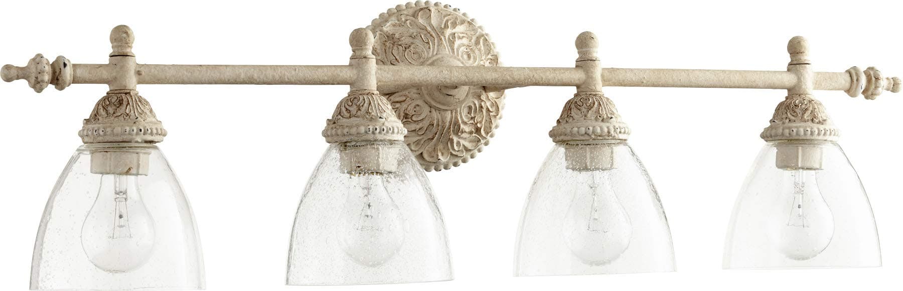 Quorum International 4‑Light 31.5″ White Vanity Light | Clear Seeded Glass | Transitional Bathroom Fixture | Damp‑Rated | Medium‑Base E26 | 9.75″ H with a 7″ Depth | Model 5257-4-70