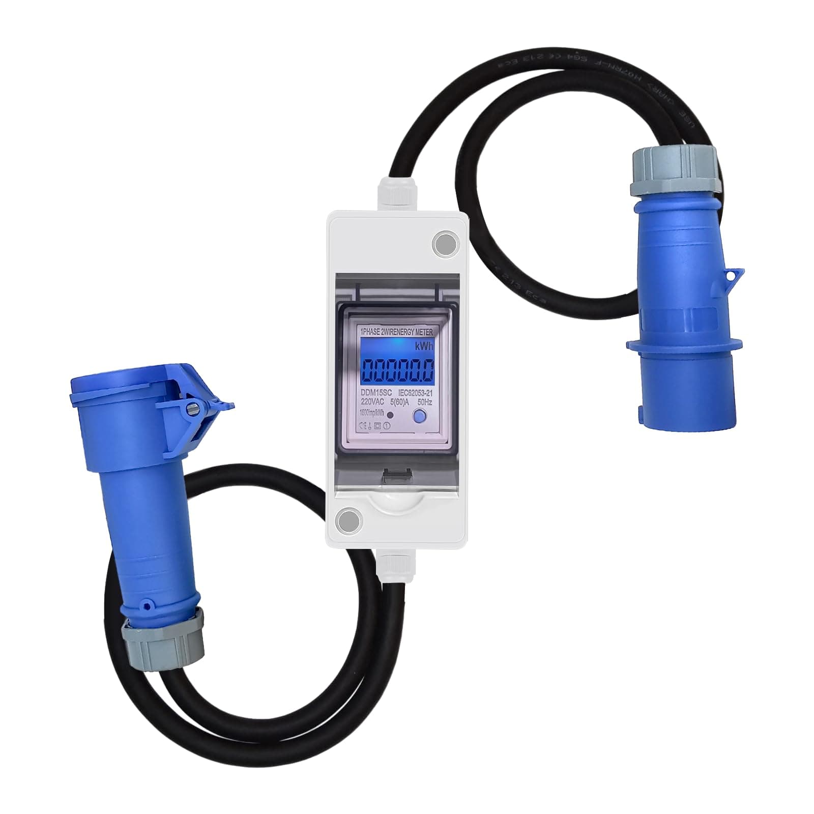 Mobile Digital Electricity Meter, 230 V Power Consumption Meter with LED/Reset, Mobile Portable Power Consumption Meter with Industrial Plug/Rubber Cable, IP65 Waterproof for Motorhomes/Electric