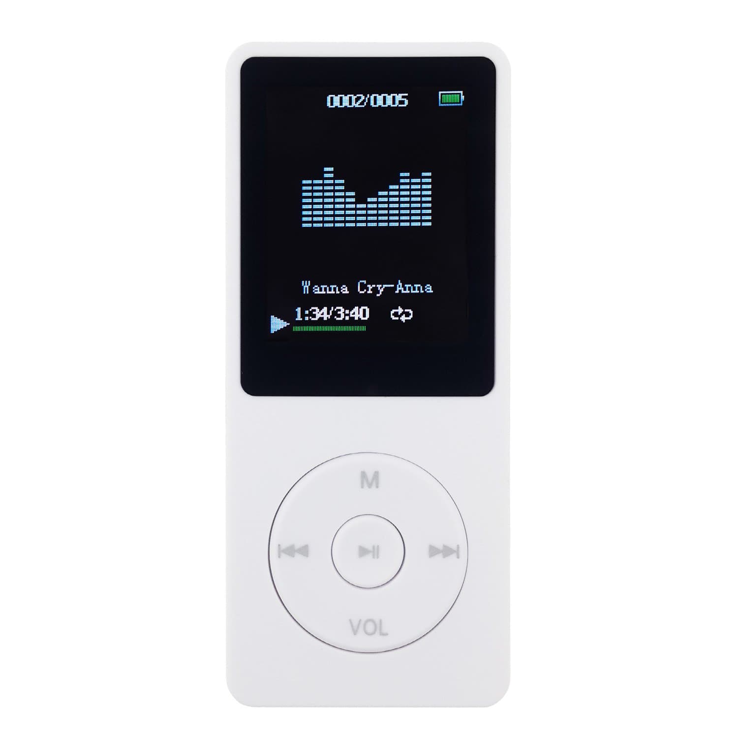 Mini MP3 Player, WeGood Portable MP3 Player 8GB 75 Hours USB LCD Screen Video Player Support for Photo Viewer, E-Book Reader, Voice Recorder, FM Radio and Video Movie (Supports up to 64GB Micro SD) (8GB, White)
