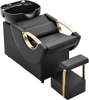 Salon Shampoo Bowl and Chair Set with Footstool – Modern Black & Gold Barber Backwash Chair, Heavy Duty 450lbs Hair Washing Chair with Deep ABS Basin & Neck Rest for Spa Beauty Stylist