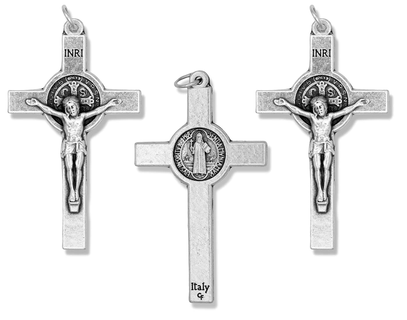 Bulk Pack of 3 - St Benedict Crucifix Extra Large Cross for Rosary Making - 2 1/8 Inch Silver Oxidized Crucifix Rosary Part for Saint Benedict Rosary or Rosary Making Supplies, Made in Italy