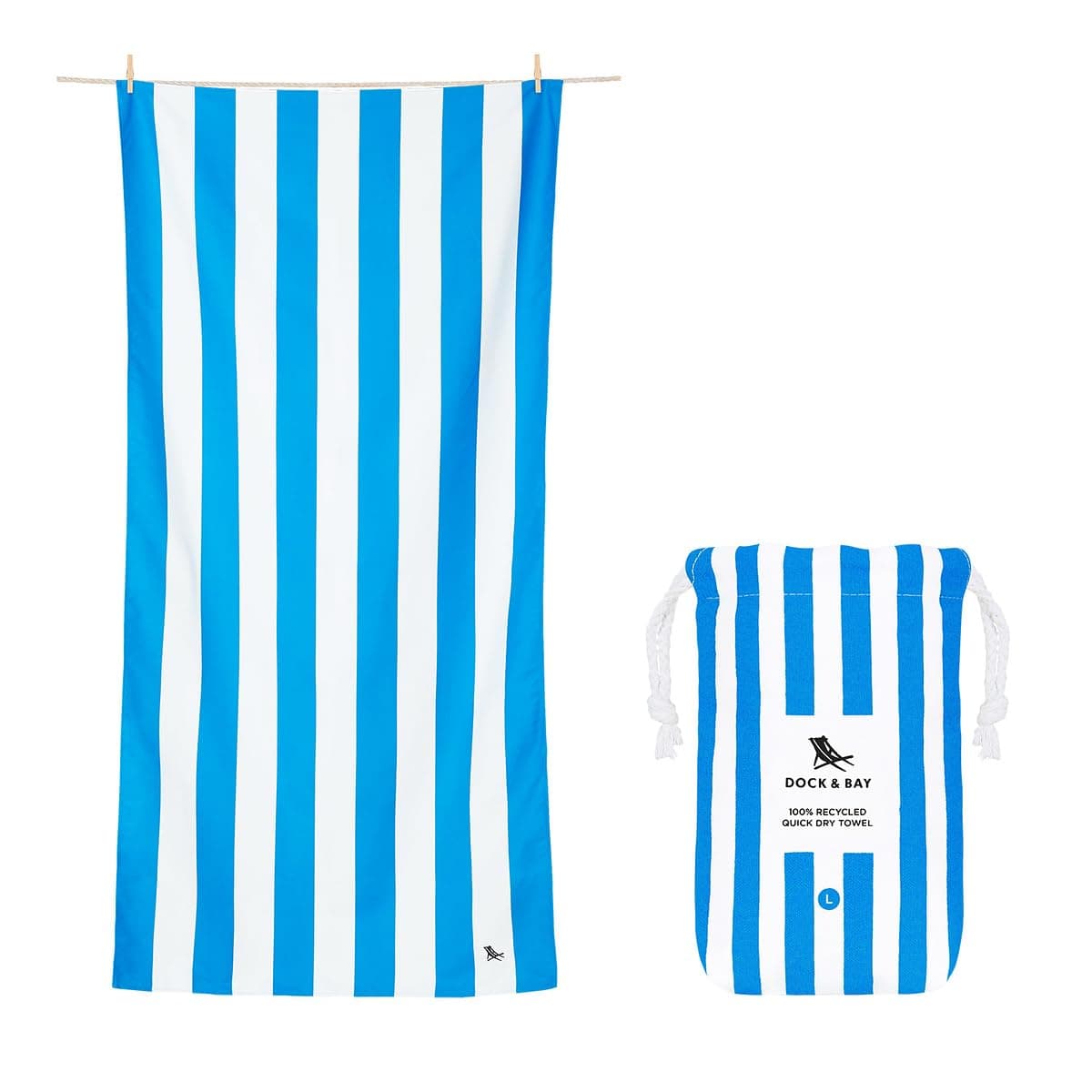 Dock & Bay Beach Towel - Quick Dry, Sand Free - Compact, Lightweight - 100% Recycled - Includes Bag - Cabana - Blue - Large (160x90cm, 63x35)