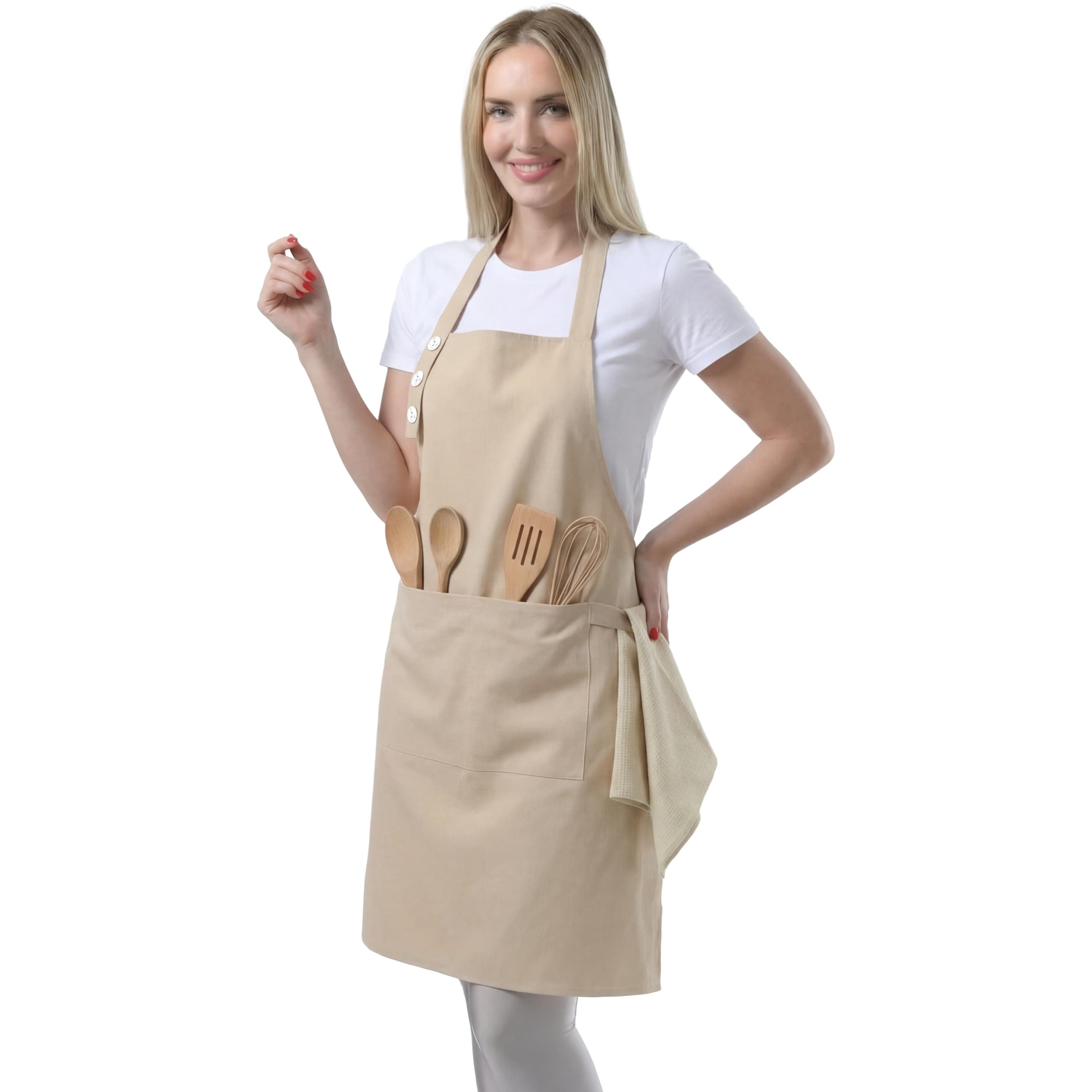 TOSHE Kitchen Apron Waterdrop Resistant Cotton Apron with adjustable Aprons for Women with Pockets 10 Color option Cooking Beige Apron(Beige)