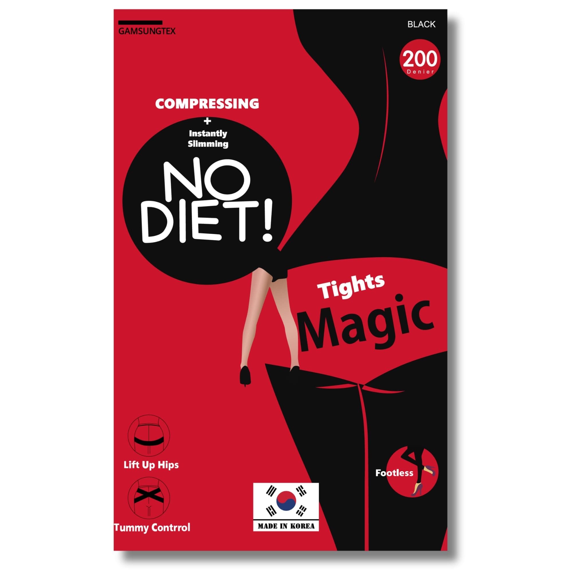 Lift Up Hips Tummy Control Compression Footless 200 Denier Magic Tights, Black