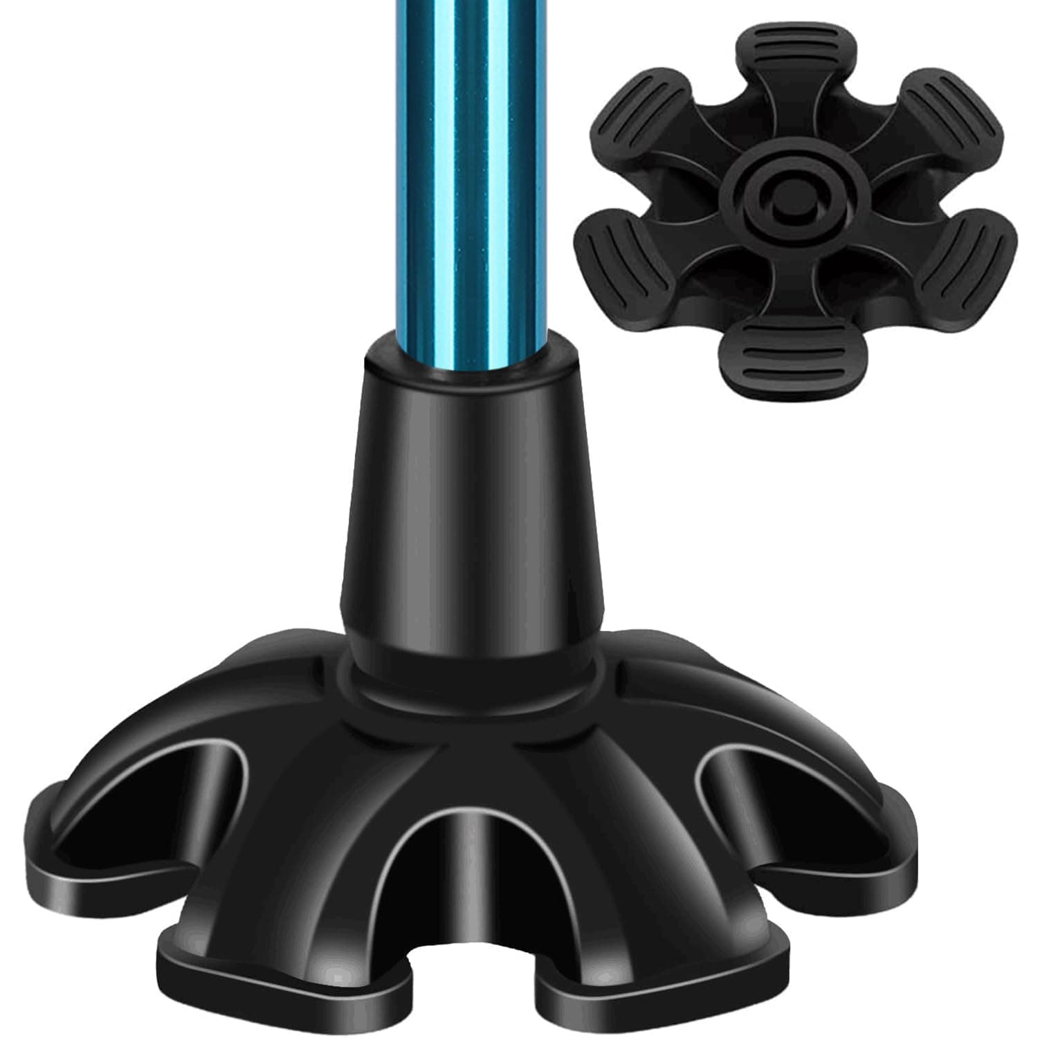 supregear Cane Tip - Self Standing Heavy Duty Rubber Replacement for Walking Cane - Stable Six Point Non-Slip Feets Base - 6 Leg Black Attachment Foot Pad for Folding and Walking Stick