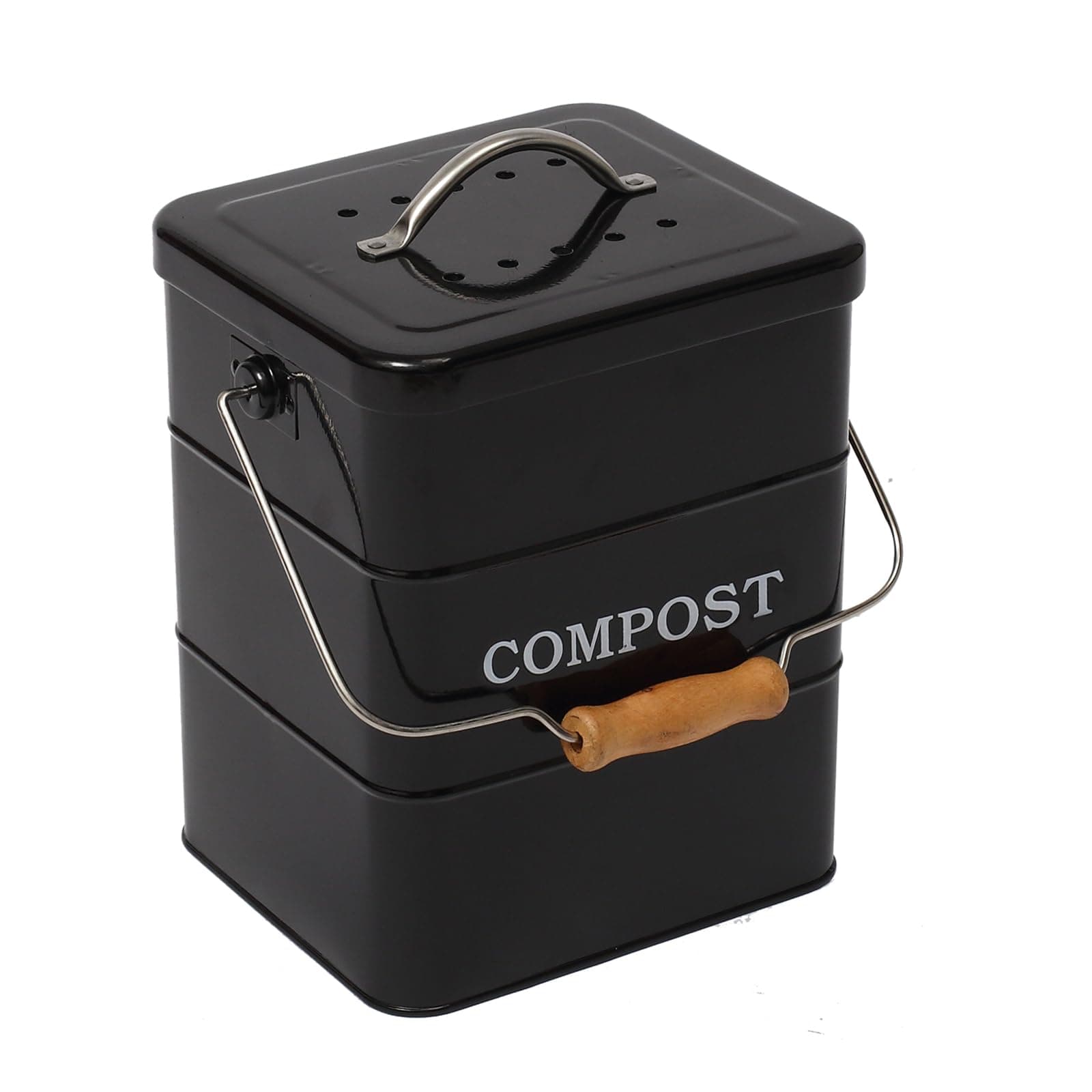Indoor Kitchen Compost Bin for Kitchen Countertop, Great for Food Scraps, Carbon Steel, Handles, White, 1 Gallon - Includes Charcoal Filter - Black