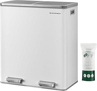 SONGMICS Trash Can, 2 x 8 Gal Garbage Can for Kitchen, with 15 Trash Bags, 2 Compartments, Plastic Inner Buckets and Hinged Lids, Airtight, White and Grey LTB60WT