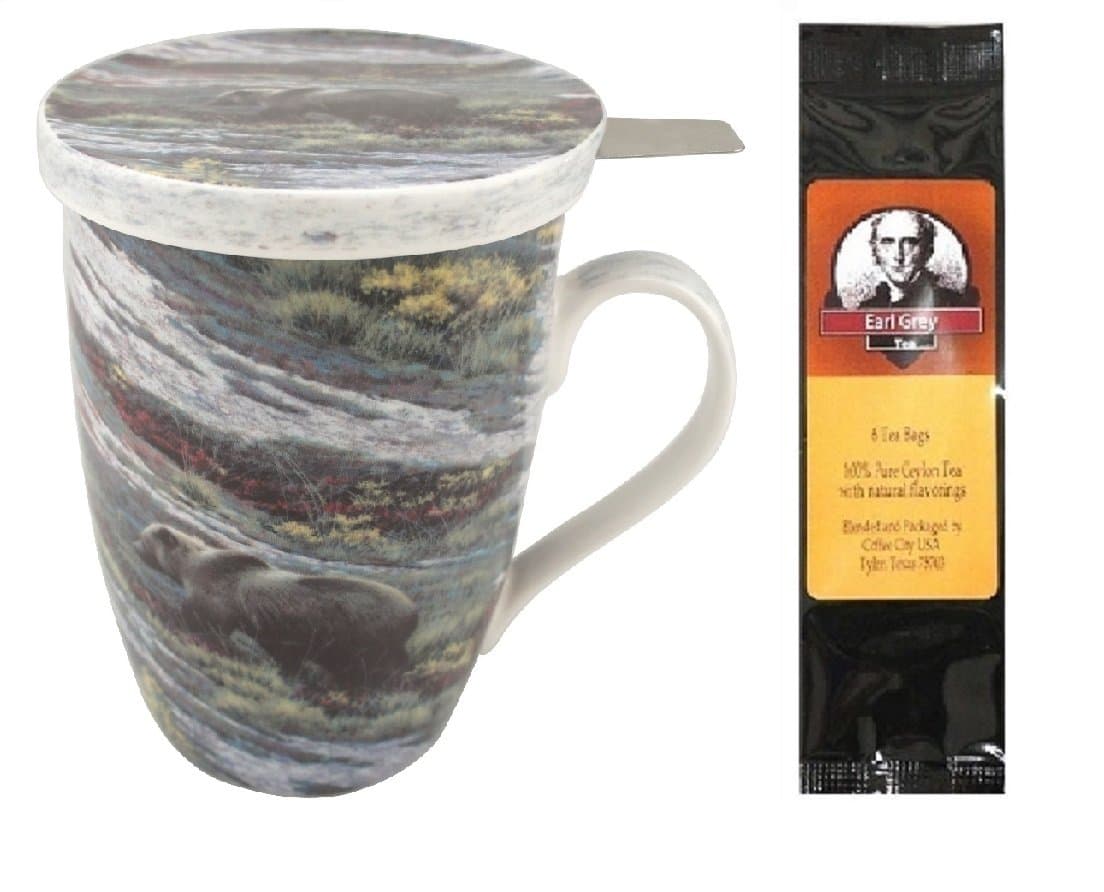 Robert Bateman Grizzly Bears Tea Mug, Infuser with Lid in Matching Box Bundle with 1 Package of 6 Tea Bags