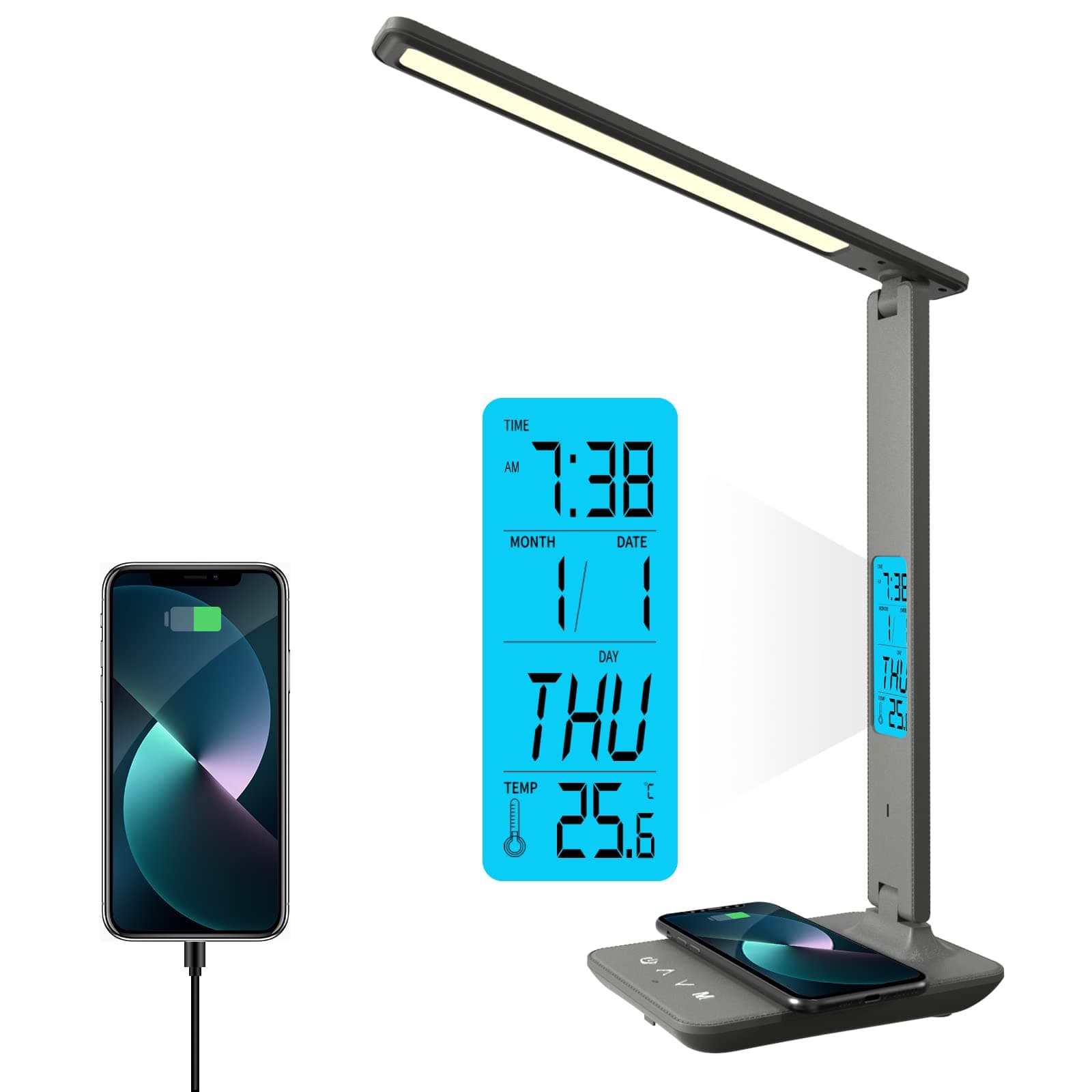 poukaran Desk Lamp, LED Desk Lamp with Wireless Charger, USB Charging Port, Table Lamp with Clock, Alarm, Date, Temperature, Office Lamp, Desk Lamps for Home Office, Grey