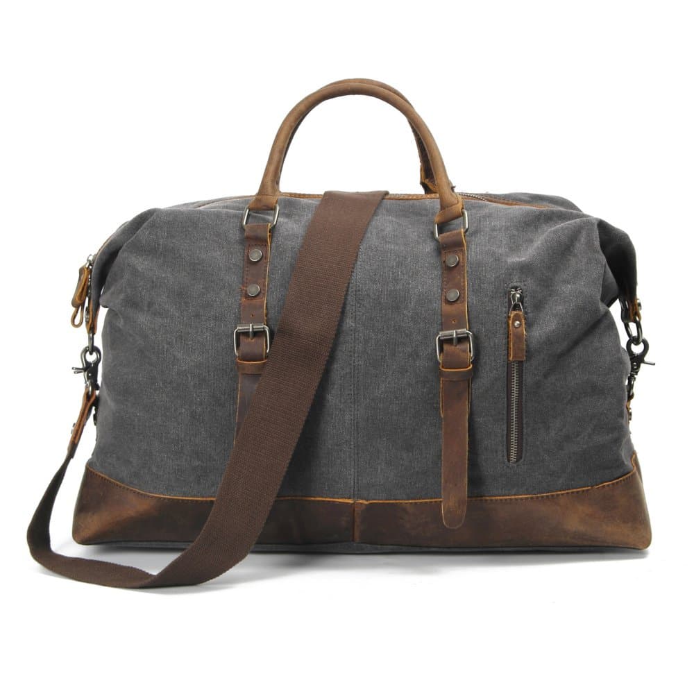B12031-1-Grey Grey, 16 oz Washed Canvas with Leather Traveling Bag