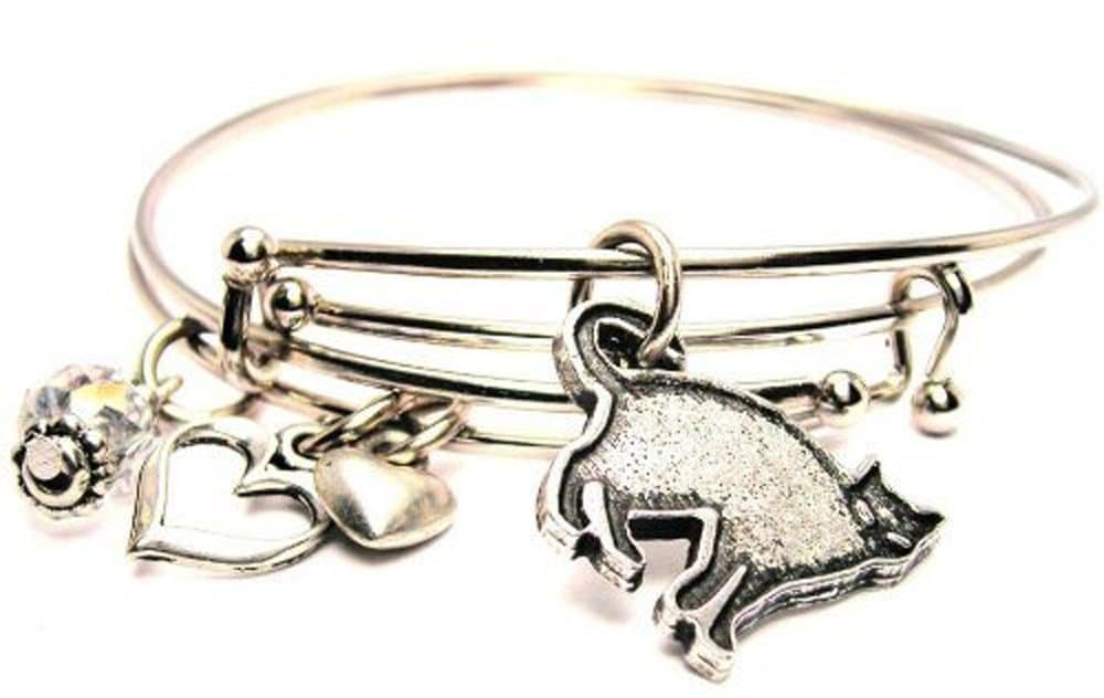 Cat Silhouette ChubbyChicoCharms Adjustable Wire Bangle Charm Bracelet Set of Two Bangles