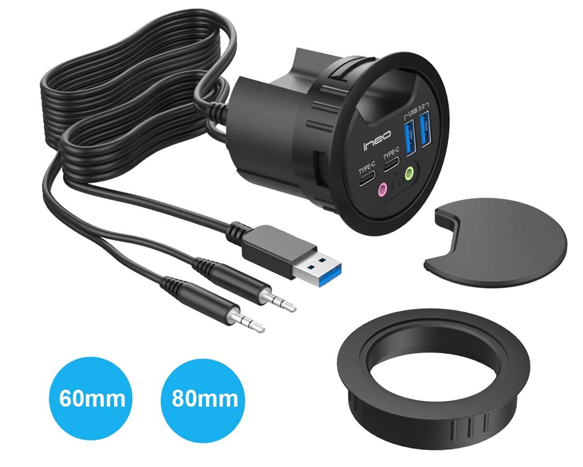 In Desk USB 3.0 Hub with Audio Jack – THC06-VI (2x USB Type A, 2x USB C) USB Power Port Charger Extension Outlet for 60mm Grommet Hole, Desktop Cable Organizer, Headsets Mic Charging Adapter Extender