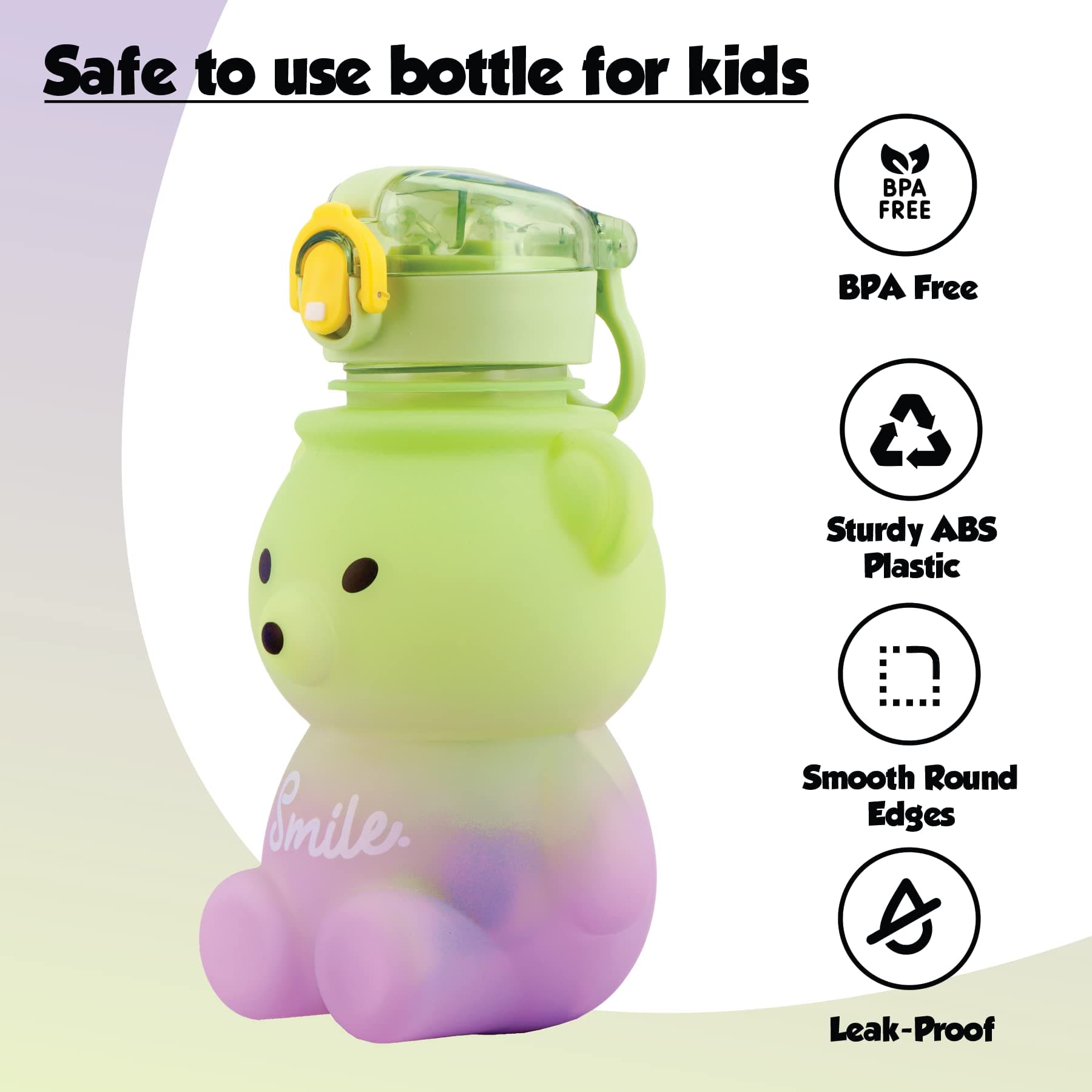 Koochie-Koo Teddy Bear Plastic Water Bottle for Kids, Push Button Open Kids Water Bottle with Straw, Sipper Bottle for Kids with Adjustable Strap and Stickers, 800ml, (Pack of 1, Green)