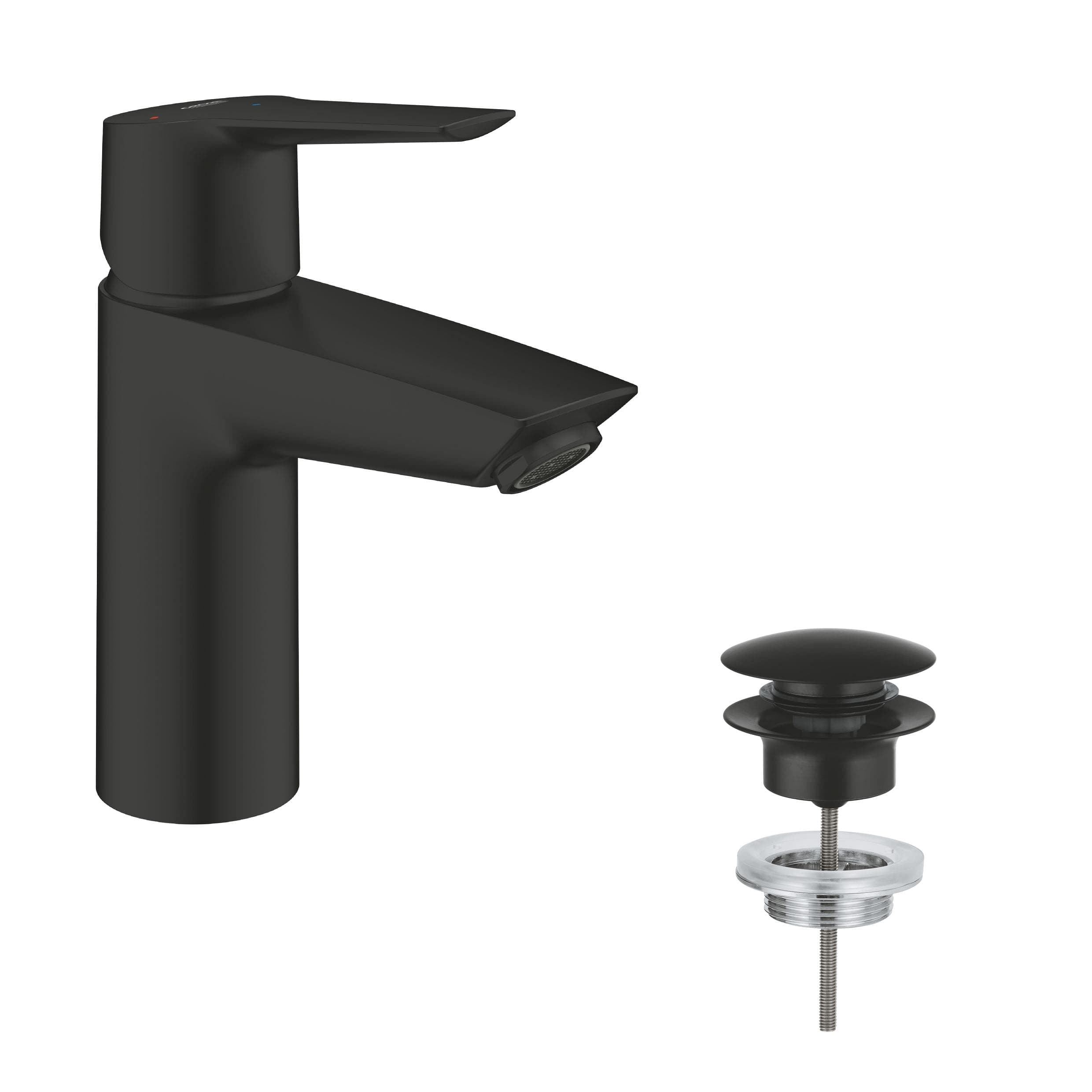 Start - Smooth Body Basin Mixer Tap with Push-Open Pop-Up Waste Set (Metal Lever, 28 mm Ceramic Cartridge, Energy and Water Saving Technology, Tails 3/8 Inch), Size 165 mm, Matt Black, 235512432