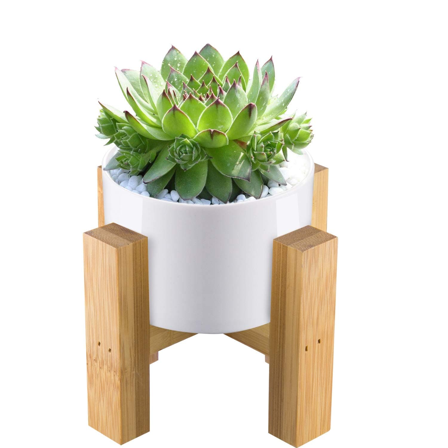 CUUCOR Mid Century Modern White Round Ceramic Small Succulent Planter Pot with Bamboo Stand, 3 Inch Indoor Plant Holder for Succulent Plant/Mini Cactus/Small Artificial Flowers(Planter + Stand)