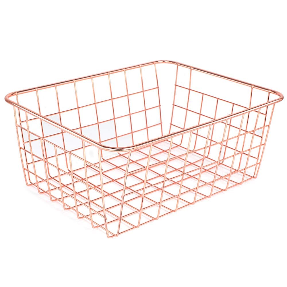 Wire Storage Baskets Rose Gold Large Organizer Bins, Freezer Storage Baskets Food Organizer Metal Baskets, Bedroom Accessories Household Basket with Handles for Fridge, Pantry, Kitchen, Bathroom