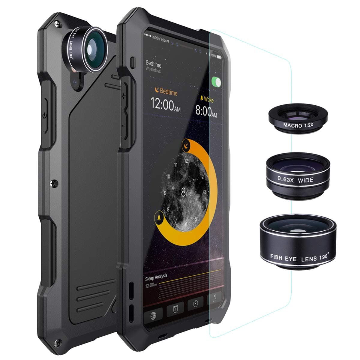 iPhone XR Lens Kit Case, SHEROX - 3 in 1 198° Fisheye Lens + 15X Macro Lens + Wide Angle Lens with IP54 Dustproof Shockproof Aluminum Case with Screen Protector for iPhone XR 6.1" (Black)
