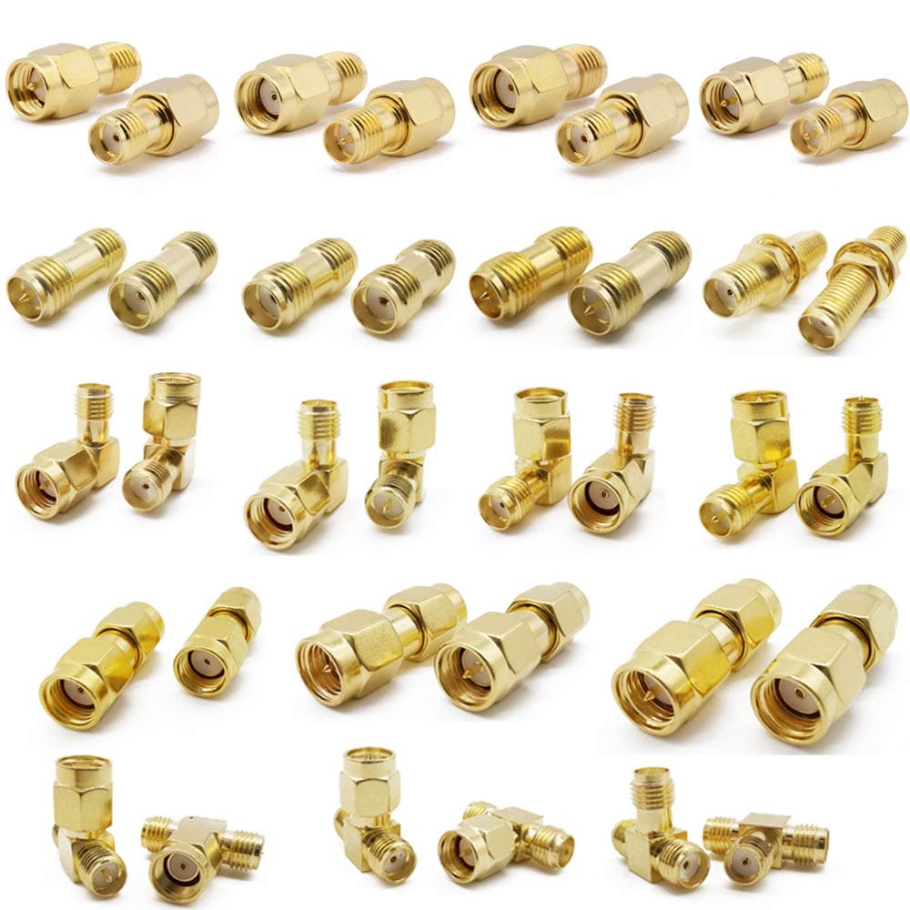 SMA Connectors Kit - 18 Type RP-SMA Adapter Plug and Jack Straight and 90° Connector Goldplated Brass RF Coax Connectivity Set for FPV Antennas Radio Baofeng Yaesu IP Camera Project