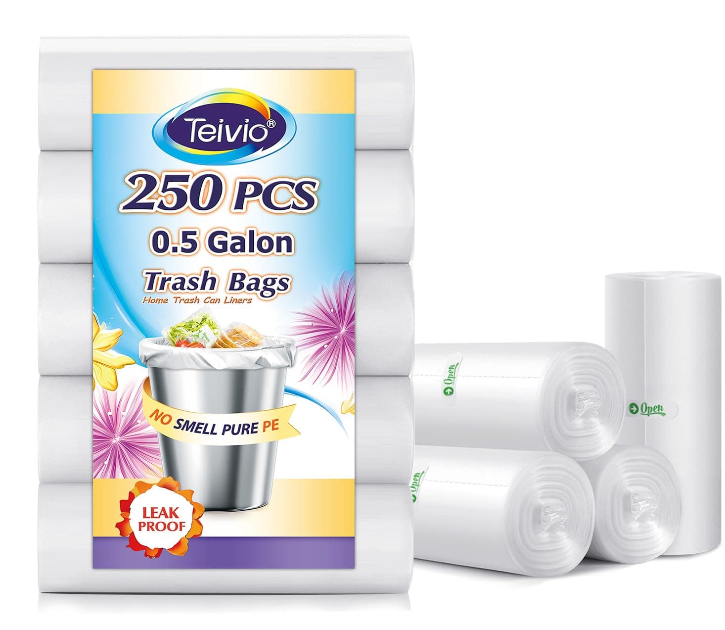 0.5 Gallon Mini 11" x 12" Trash Bags, Tiny Bathroom Garbage Can Liners by Teivio, Small Plastic Bags for Desktop Trash Bin/Dog/Poop Car, Fit 2 Liters or Less Can (250 Counts, Clear)
