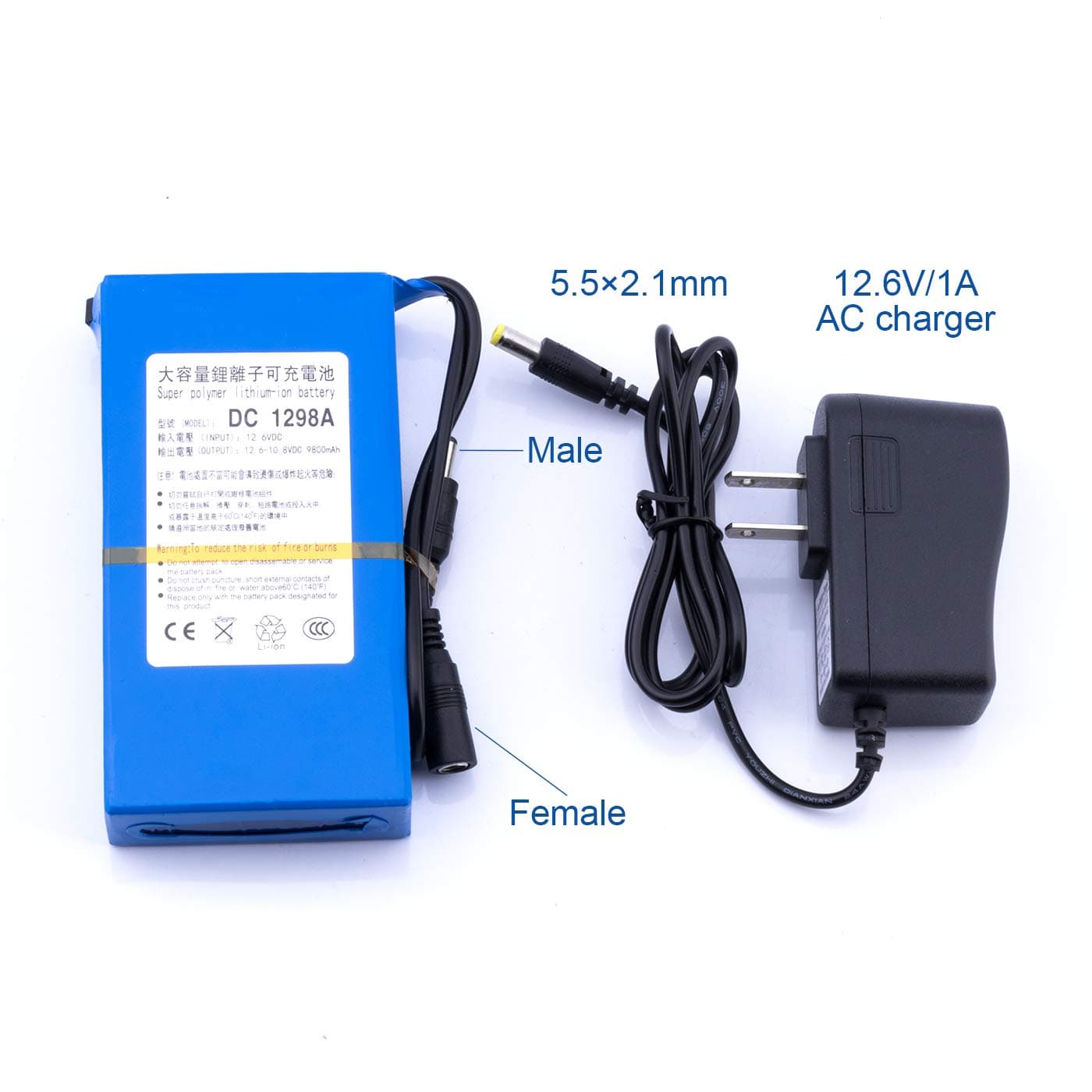DC12V 9800mAh Rechargeable Protable Li-ion Lithium Battery Pack DC1298A 2A (24W) for Led Light Strip,Alarm Systems,Camera and More(Blue)