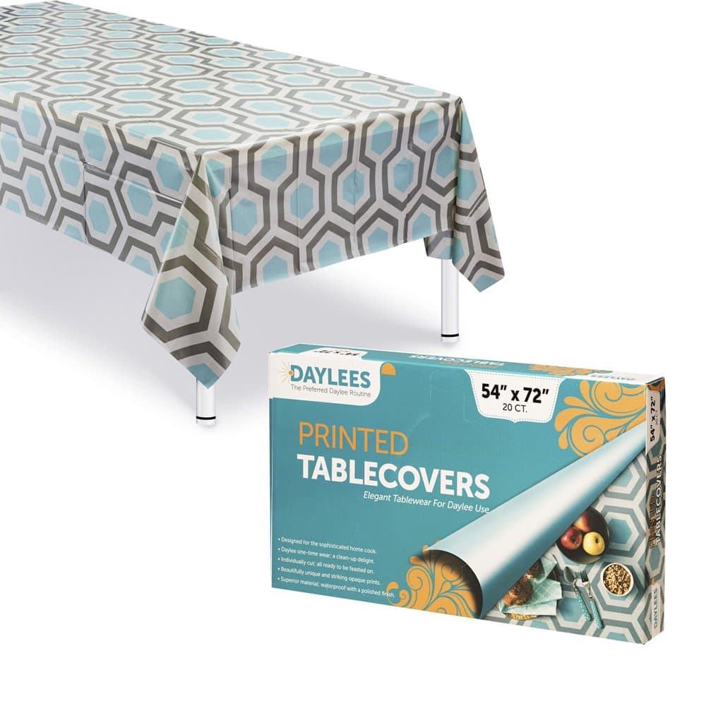 Disposable Plastic Tablecloths | Size 54 X 72 Inches | 20 Count | Turquoise Grey and Ivory Geometric Design | Covers a 5 Foot Rectangle Picnic Party Table | Many Sizes Available