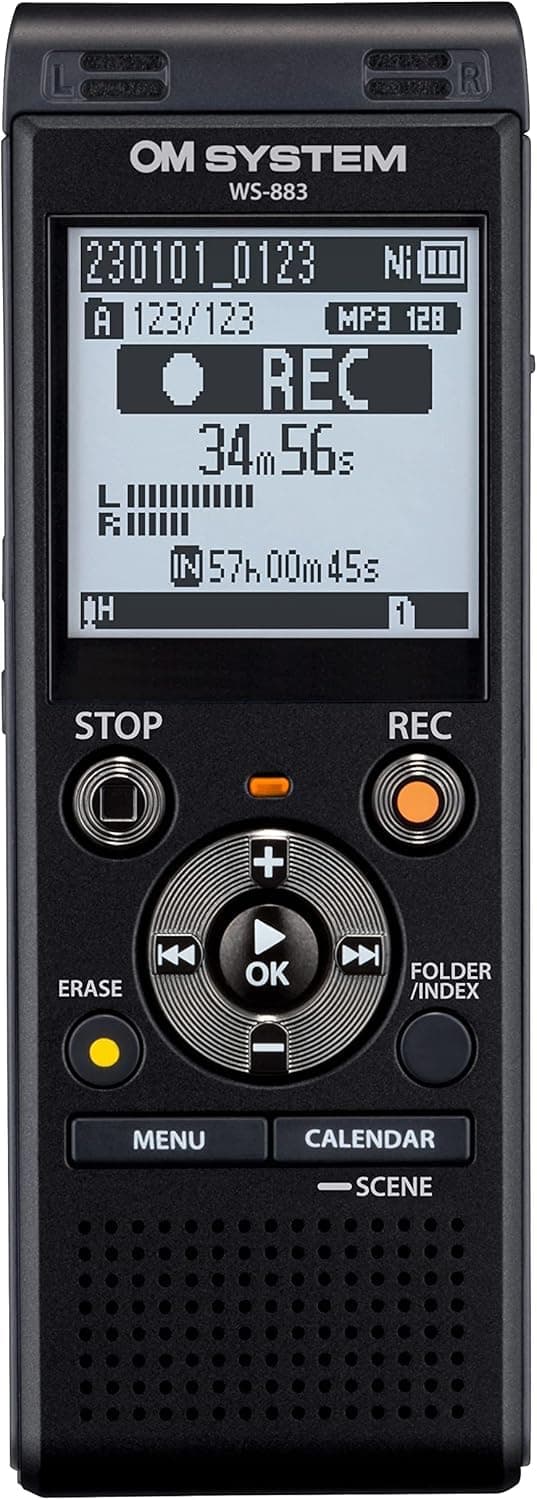 OM SYSTEM WS-883 Digital Voice Recorder with Built-in Stereo Microphones, Direct USB, Noise Cancel, Simple Mode, Low-Cut Filter, Intelligent Auto Mode, 8 GB Memory and VCVA