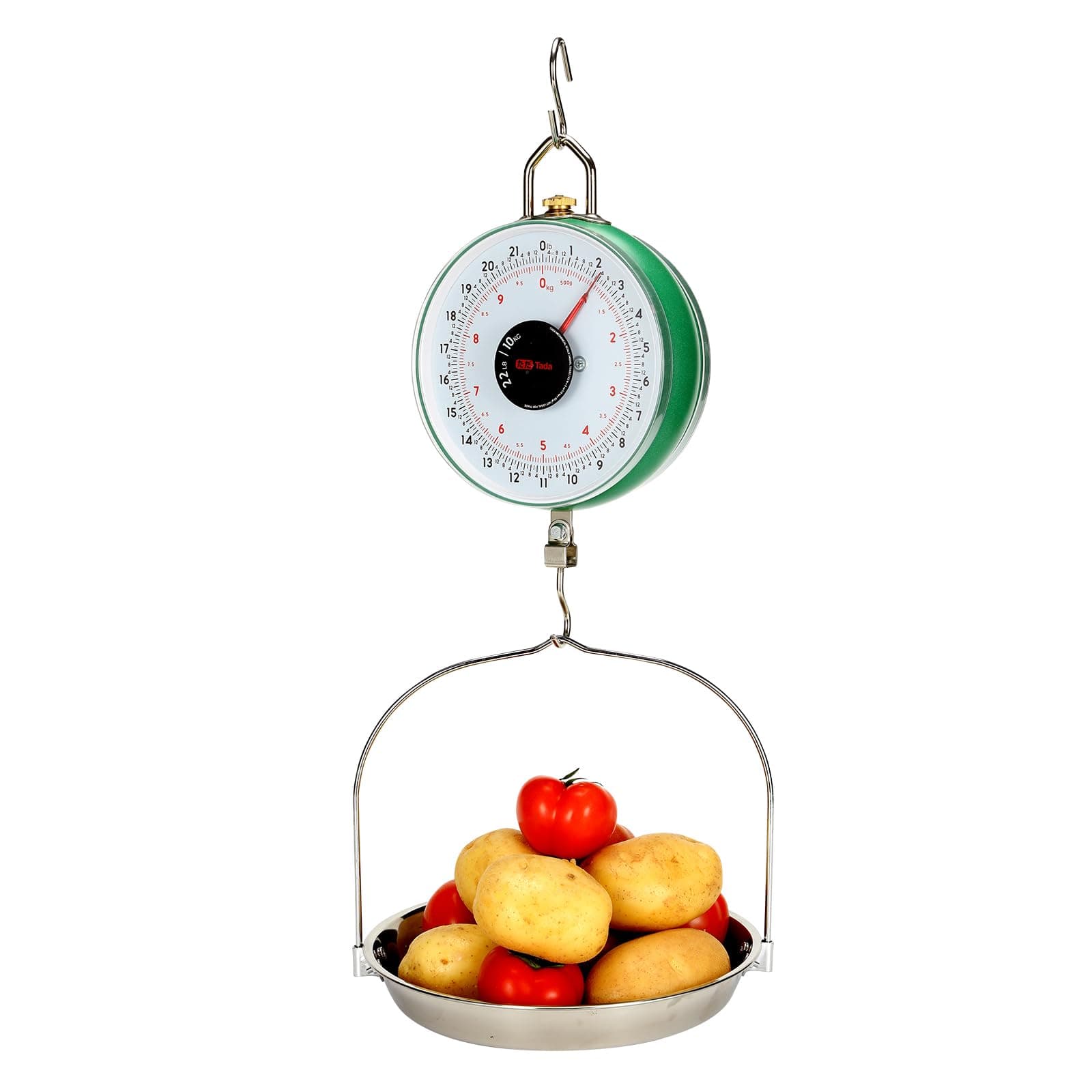22LBS Double-Sided Display Mechanical Hanging Scale with Weighing Pan for Farm, Kitchen Food and Produce Weighing