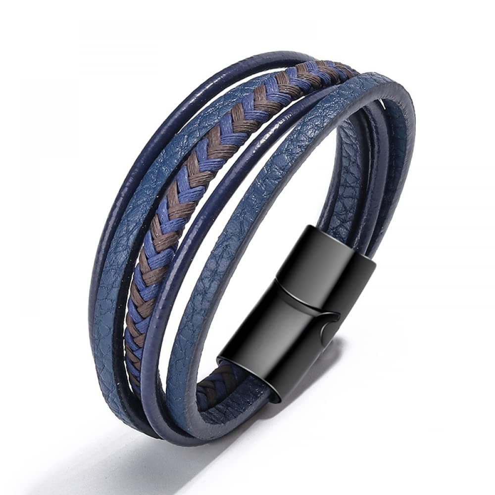 Goodern Mens Leather Bracelet Cowhide Braided Multi-Layer Wrap Bangle With Magnetic-Clasp - Blue Wristband Great Gift for Men