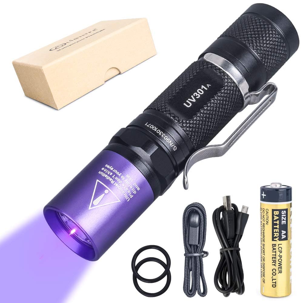 LIGHTFE UV301 395nm UV Flashlight LED Purple Light Identification Handheld Black Light UV Torch AA Battery for Glue, Pet Urine, Counterfeit Money, Bed Bugs,for Resin… (UV301-395nm)