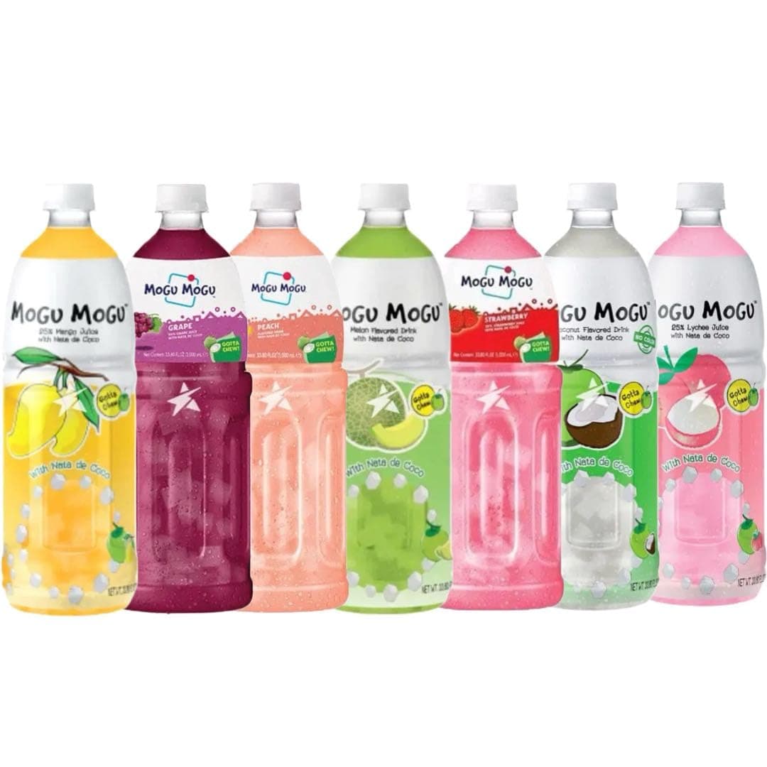 Mogu Mogu Fruit Juice Drinks with Nata De Coco 1L Bottle HALAL - Assorted 5 Flavours Drink (5 Bottles, 5 Flavours)