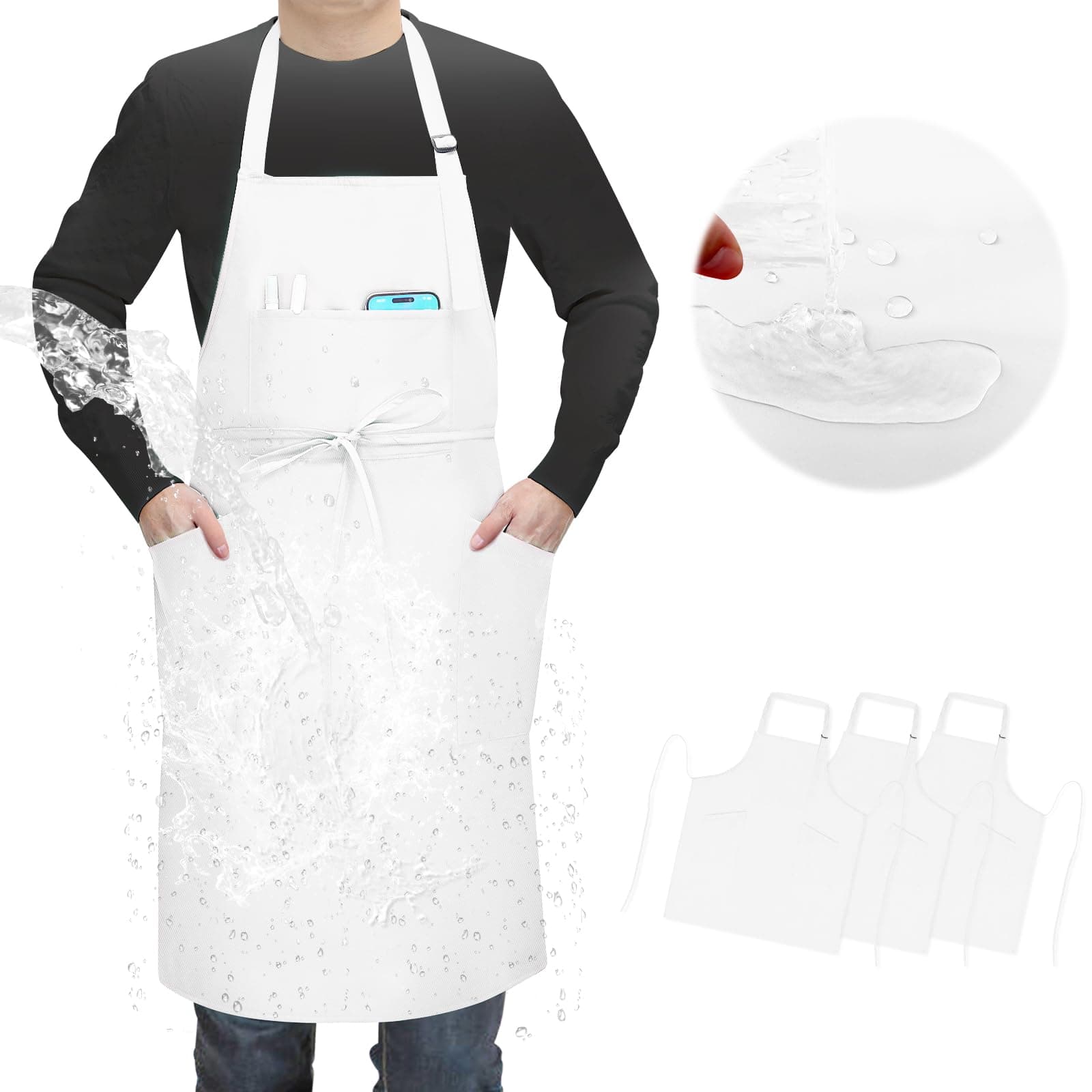 3 Pcs Dual Waterproof Oilproof Kitchen Chef Aprons with 4 Pockets for Men Women, Adjustable Soft Anti-Tear Cooking Bib Apron for Baking Grilling BBQ Painting Cleaning (White)