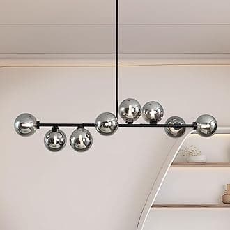 Sputnik Chandelier for Dining Room, 8 Lights Linear Bubble Chandelier with Grey Glass Lampshade, Mid Century Globe Pendant Lights, Kitchen Chandelier Over Table - Black