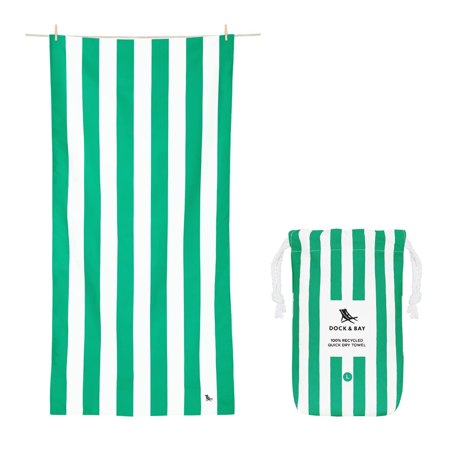 Dock & Bay Beach Towel - Quick Dry, Sand Free - Compact, Lightweight - 100% Recycled - Includes Bag - Cabana - Cancun Green - Large (160x90cm, 63x35")