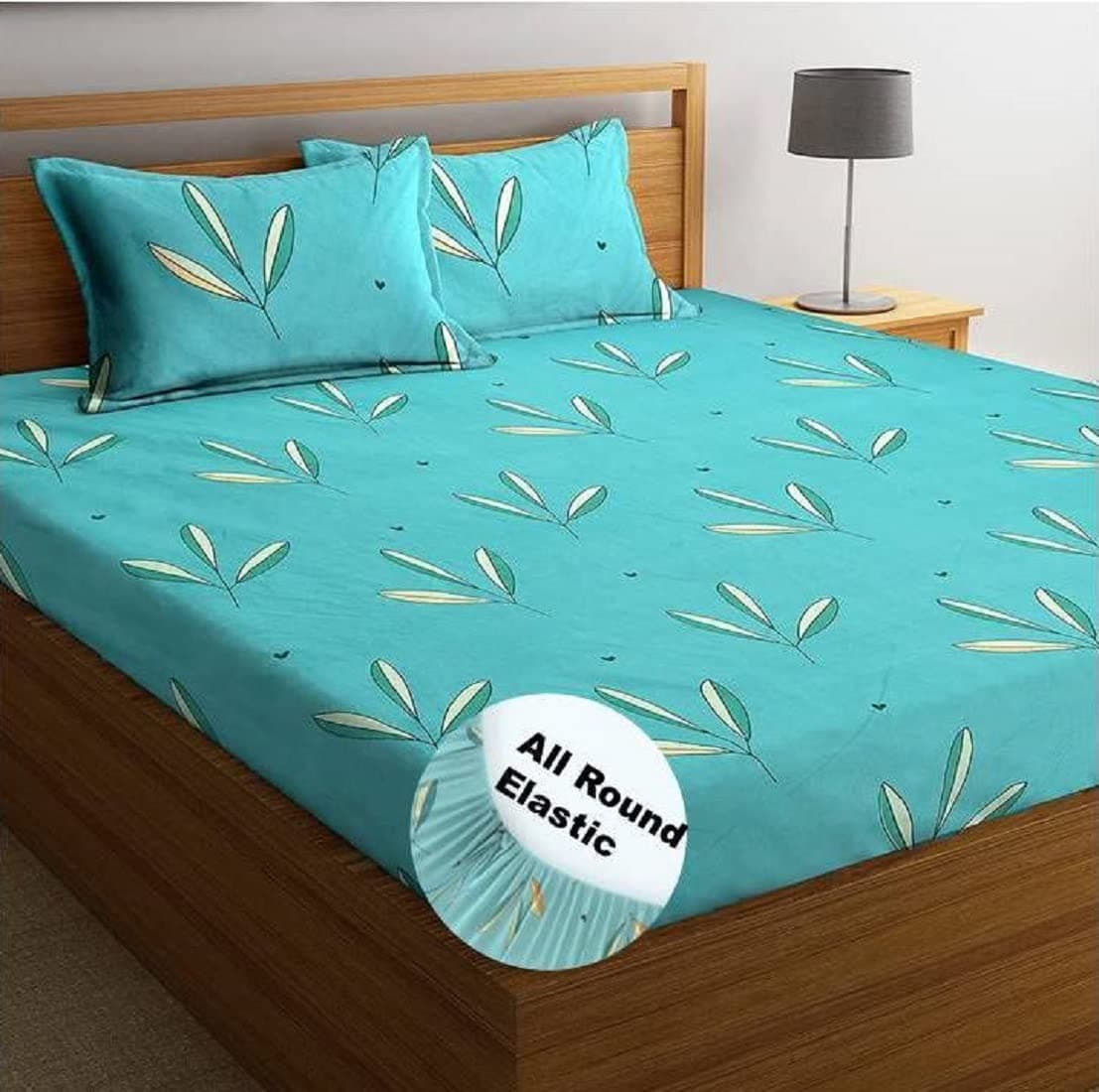 BSB HOME Premium Cotton Elastic Fitted Bedsheets with 2 King Size Pillow Covers | Double Bed with All Around Elastic 180 TC Supersoft |Sizex78+10 inches | Light Green