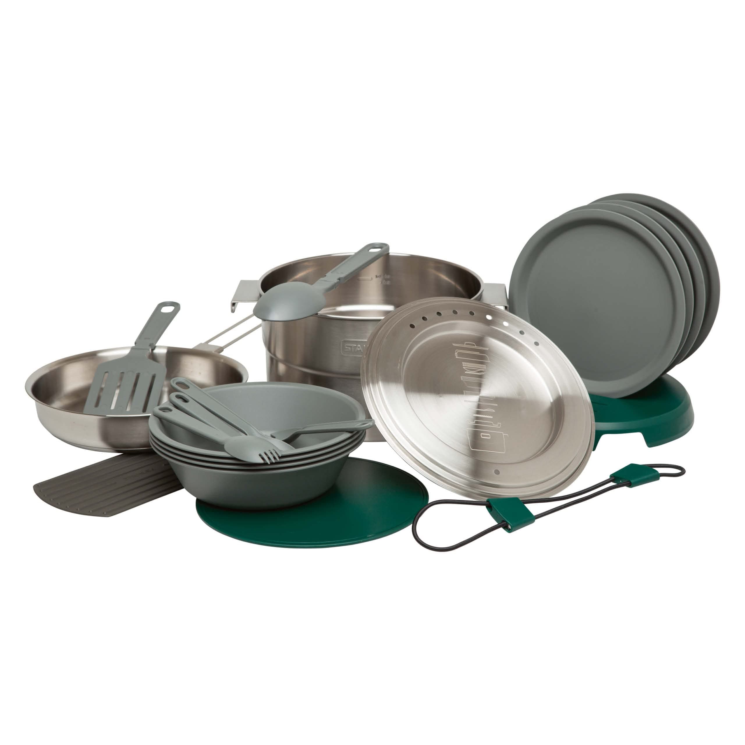 Stanley Adventure Full Kitchen Basecamp Cook Set 3,5 Liter – 21-teiliges Camping Kochgeschirr - Edelstahltopf mit luftdurchlässigem Deckel-Kochset für Rucksacktouren, Wandern und Zelten