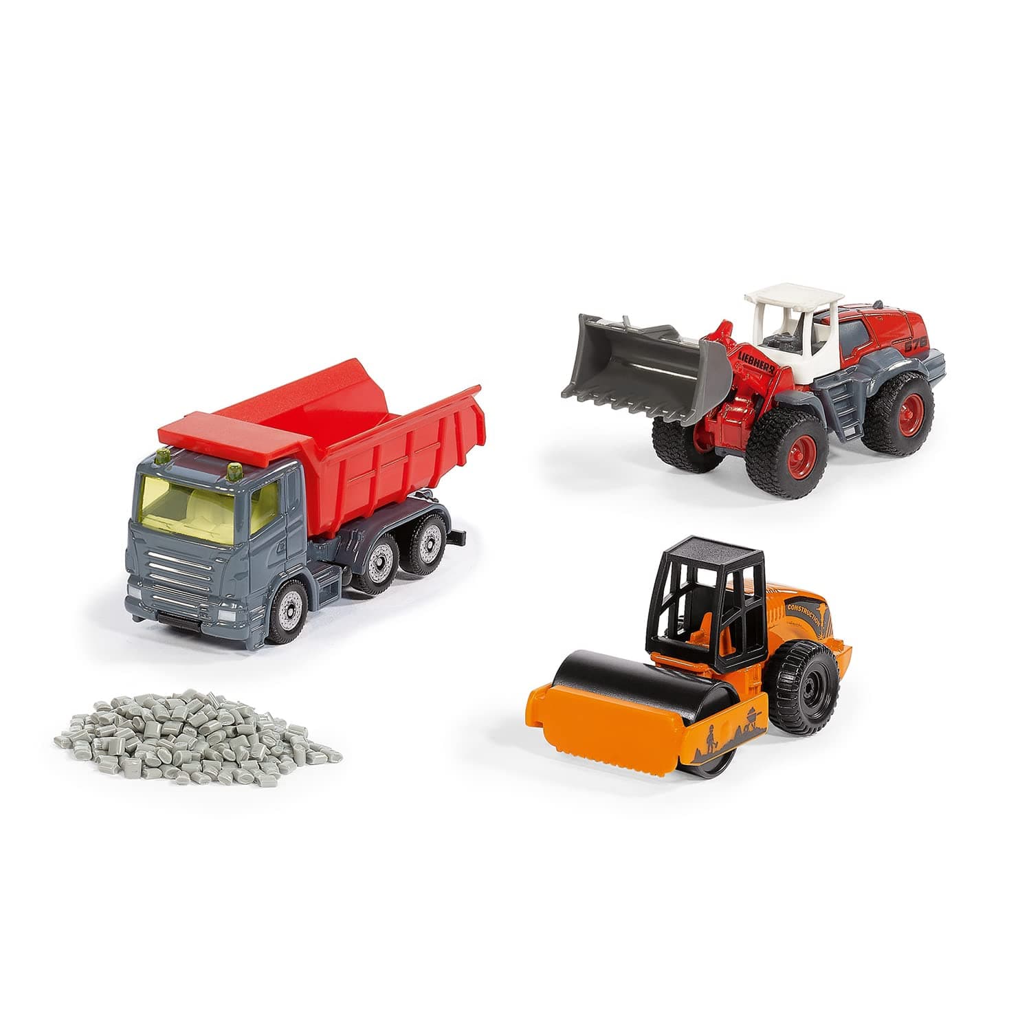 6329, Road Construction Gift Set, Dump Truck, Liebherr Wheeled Loader, Road Roller, Movable parts, Incl. Granules