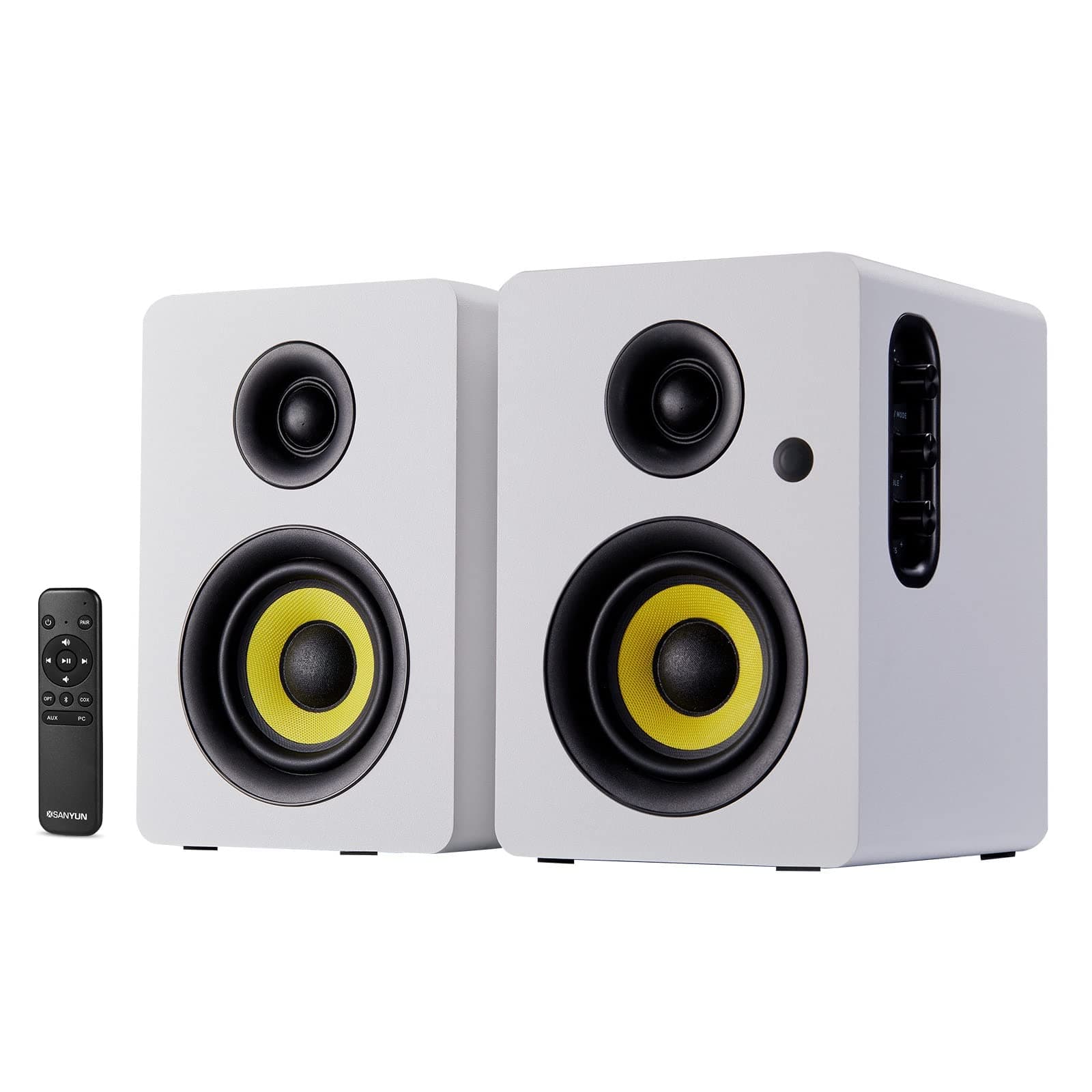 - SW206 80W Active Dual-Mode Bookshelf Speakers, 4” Studio Monitor & HiFi Mode, Upgraded 3D Sound Field, 6.35mm TRS Balanced, Bluetooth 5.4, Optical Coaxial Aux USB 24bit DAC, White