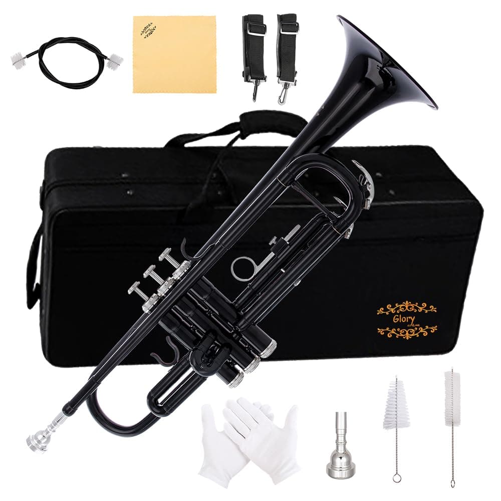 Glory Bb Trumpet - Trumpets for Beginner or Advanced Student with Case, pair of gloves-Black