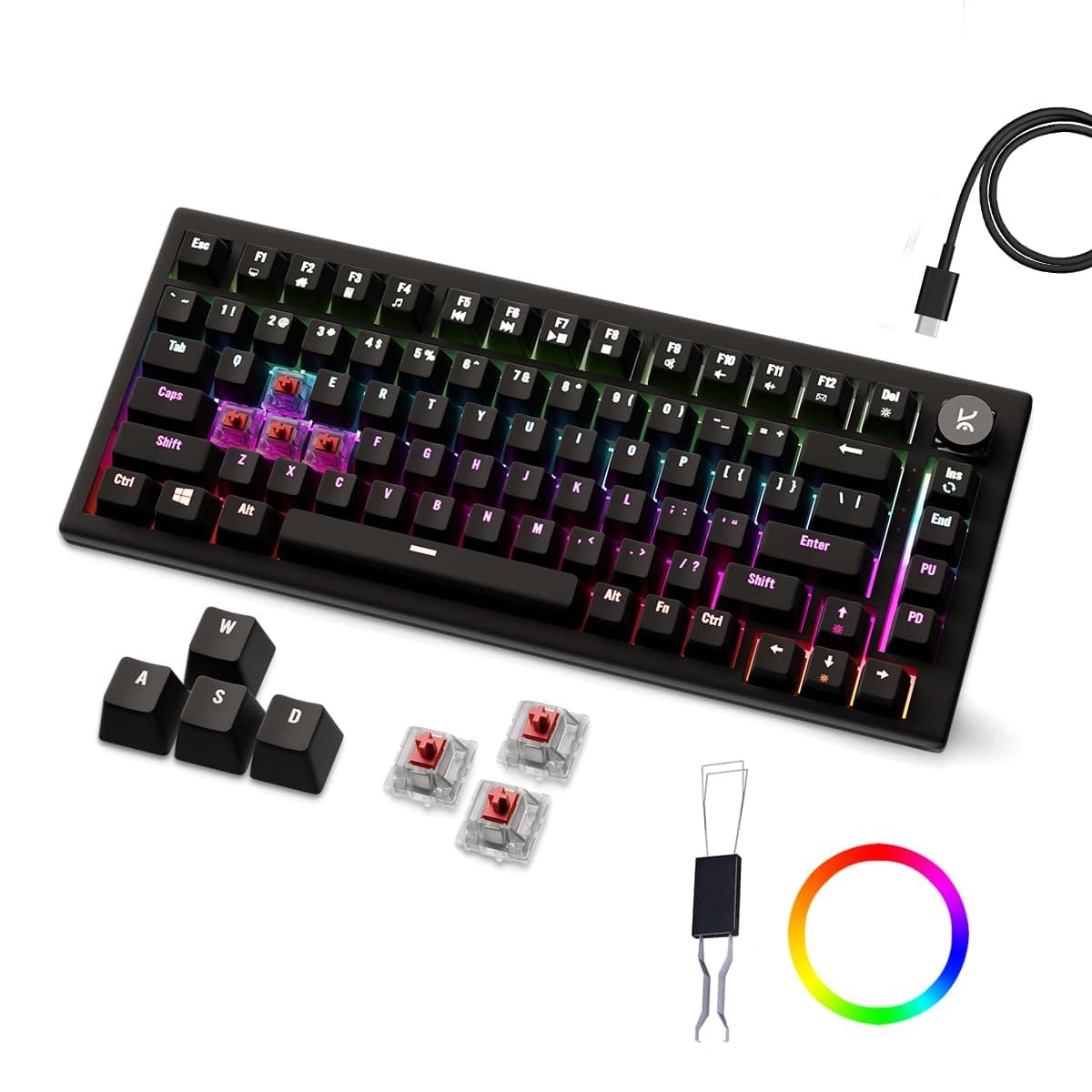 Hive 75 Mechanical Gaming Keyboard with Per-Key RGB Backlight, Hot-Swappable Switches, Anti-Ghosting Keys and Detachable USB-C Cable (Red Switch, All Black)