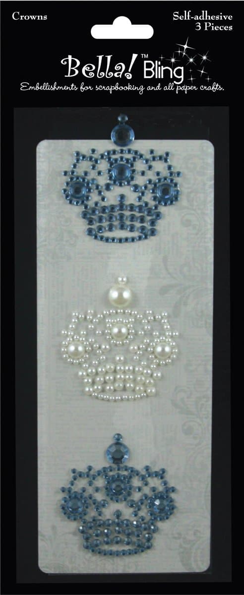 Bling Self-Adhesive Rhinestone/Pearl Crowns 3/Pkg-Blue