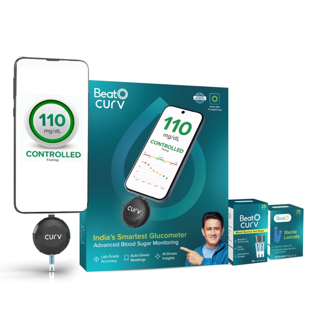 CURV Sugar Test Machine | FREE 25 Strips & 25 Lancets (Type-C USB Connector) |Smartphone Connected Glucometer Machine | Android only | ISO Certified: Made in India, Black